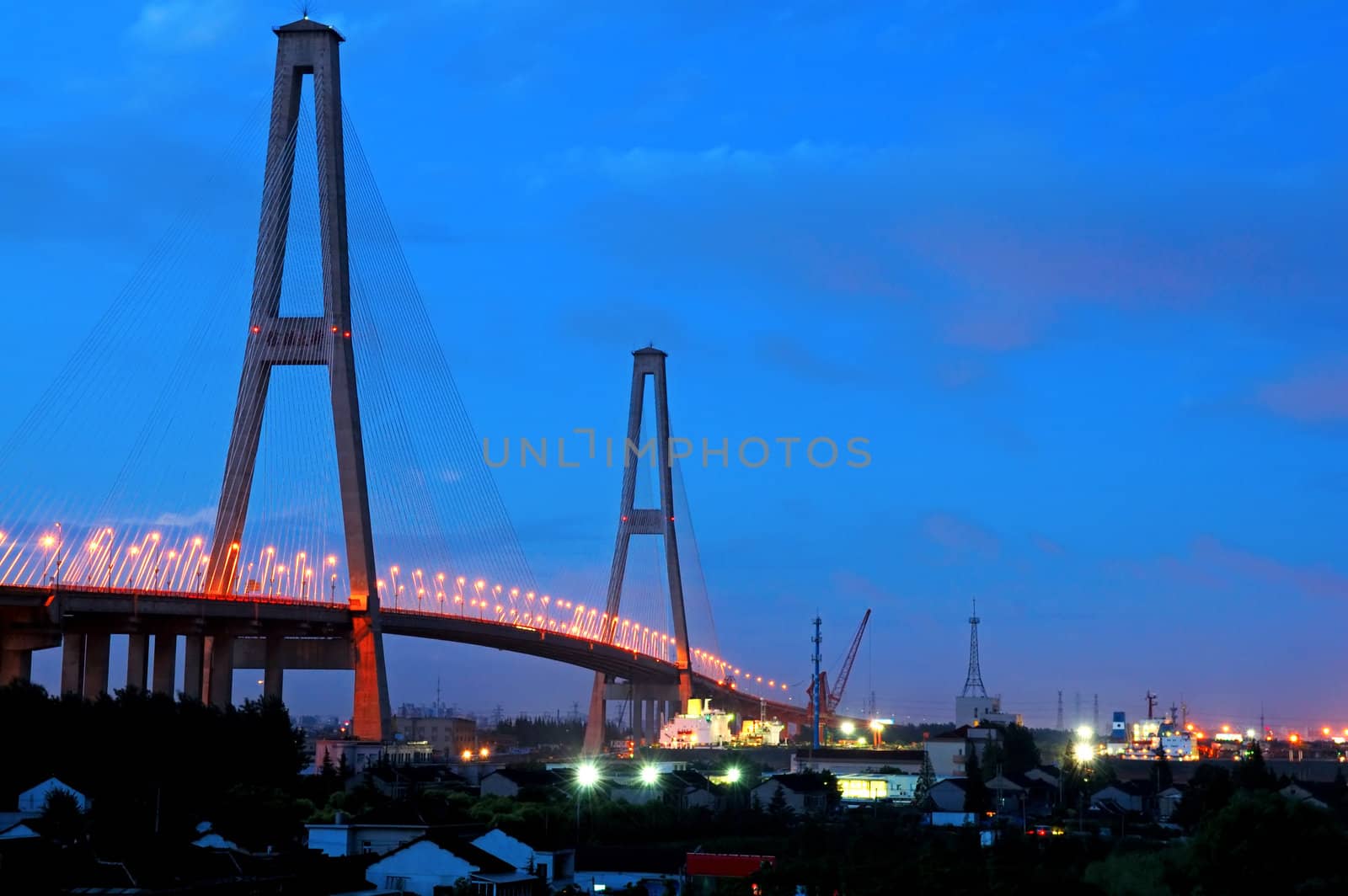 The panorama of Xu Pu bridge at night in Shanghai, China
