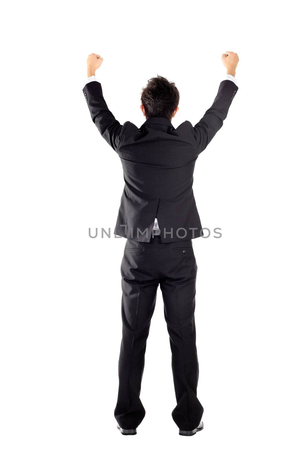 Successful business man raising hand, isolated on white.