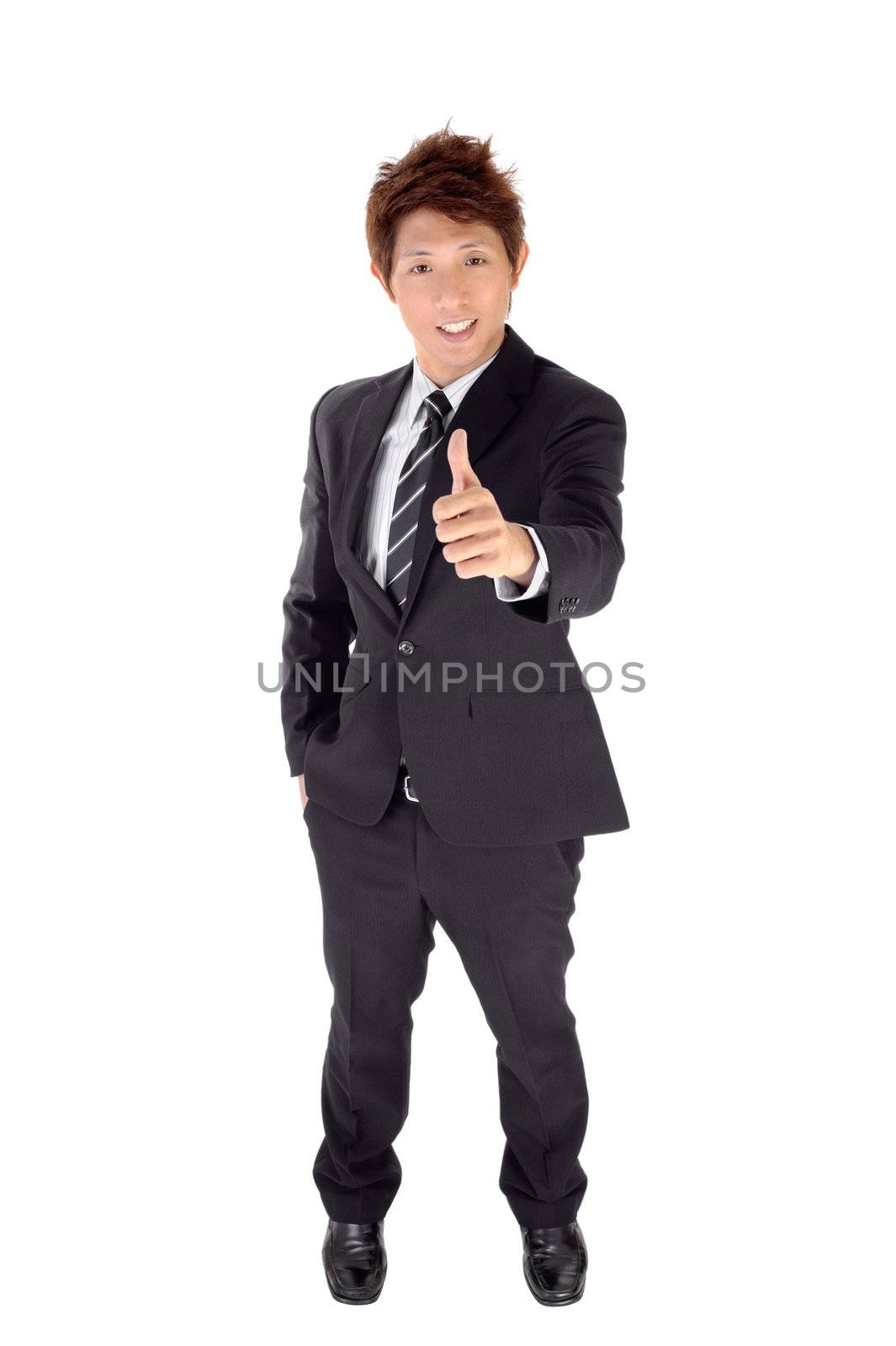 Young executive give you excellent gesture, full length portrait isolated on white.