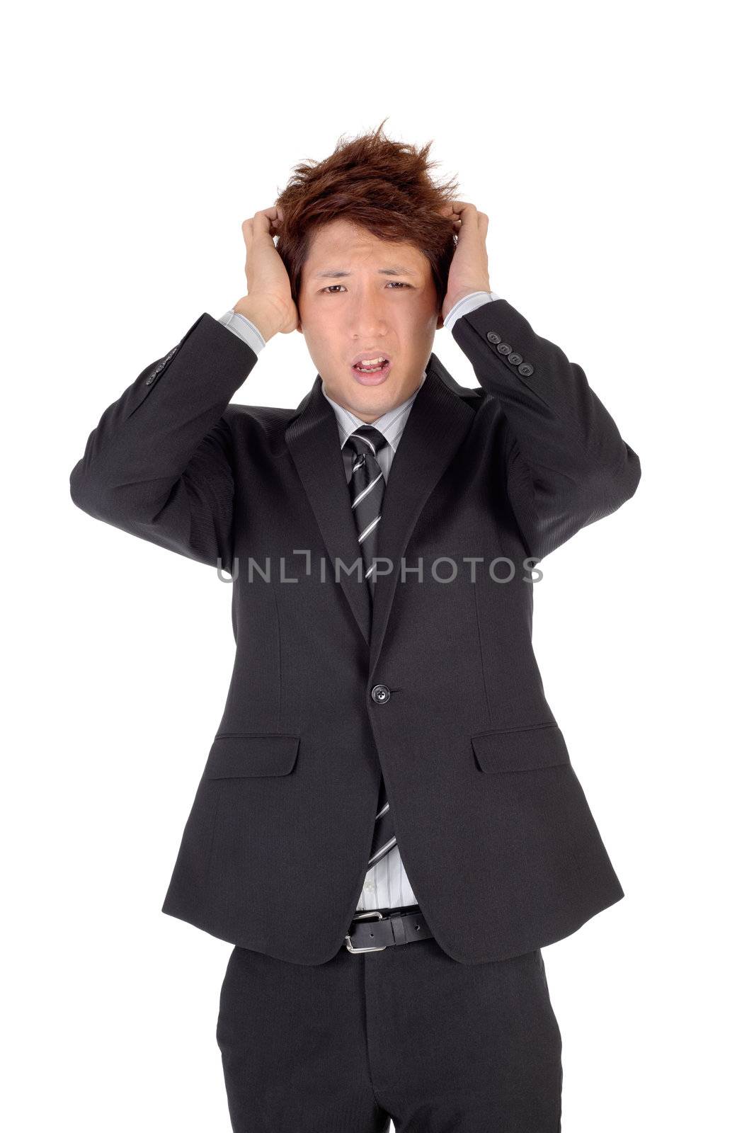 Worried executive of young Asian man, closeup portrait over white background.