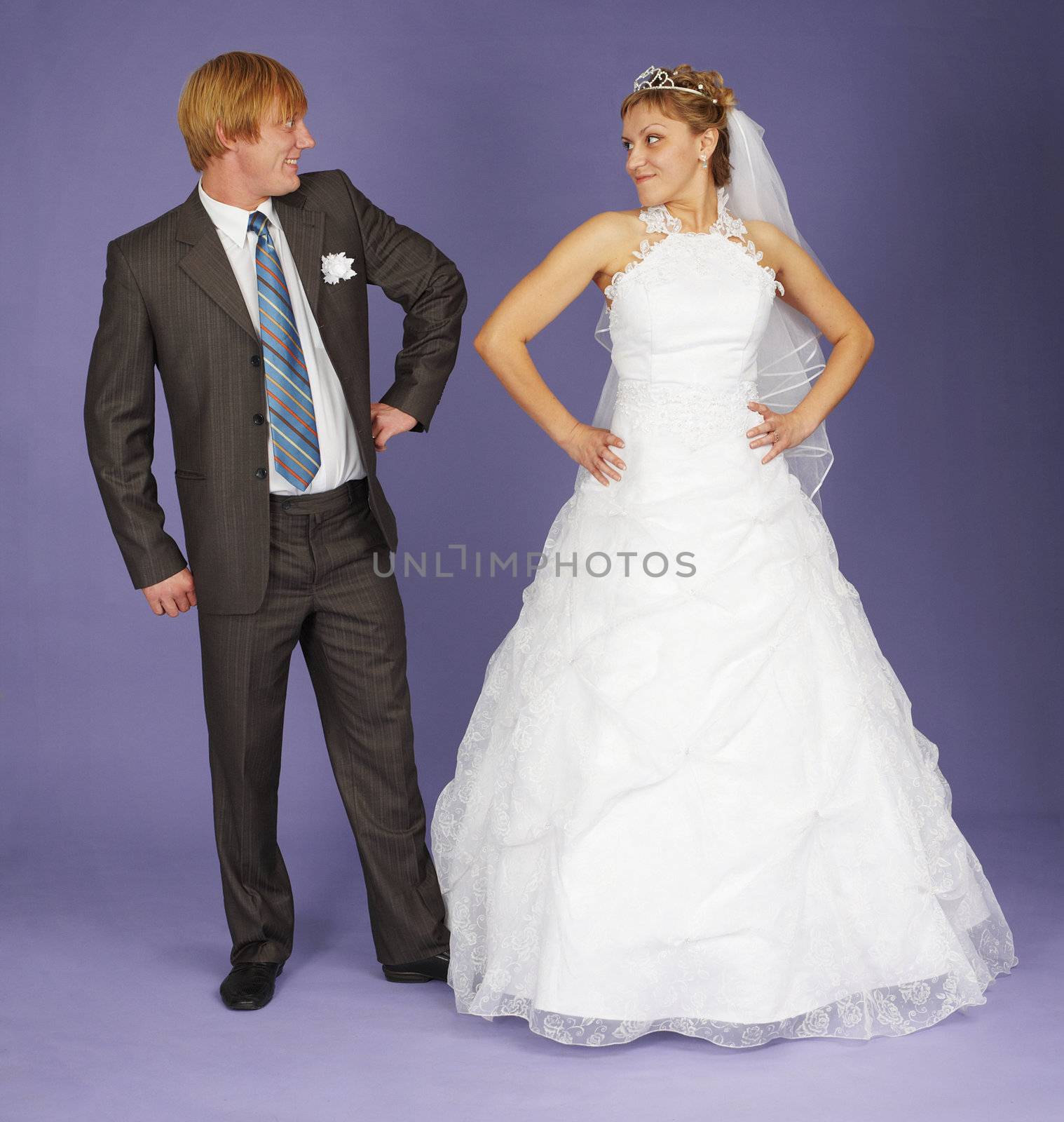 Funny Newlyweds standing on a blue background