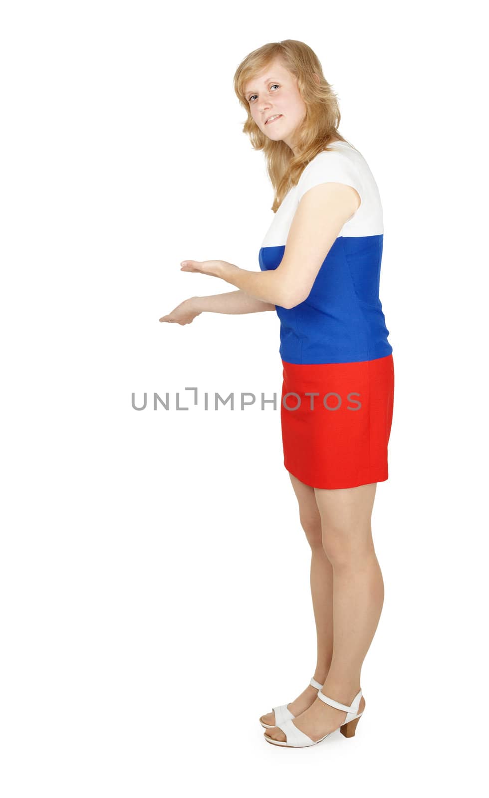 Welcoming Russian woman on a white background