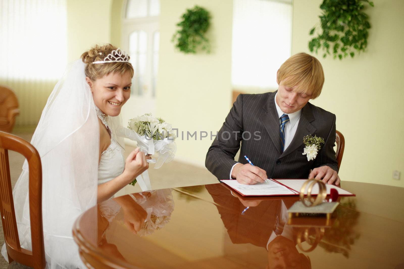 Solemn registration - the wedding ceremony. The bride and groom at the table