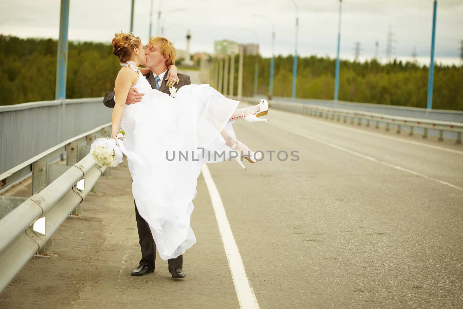 The groom carries his bride in his arms on the bridge