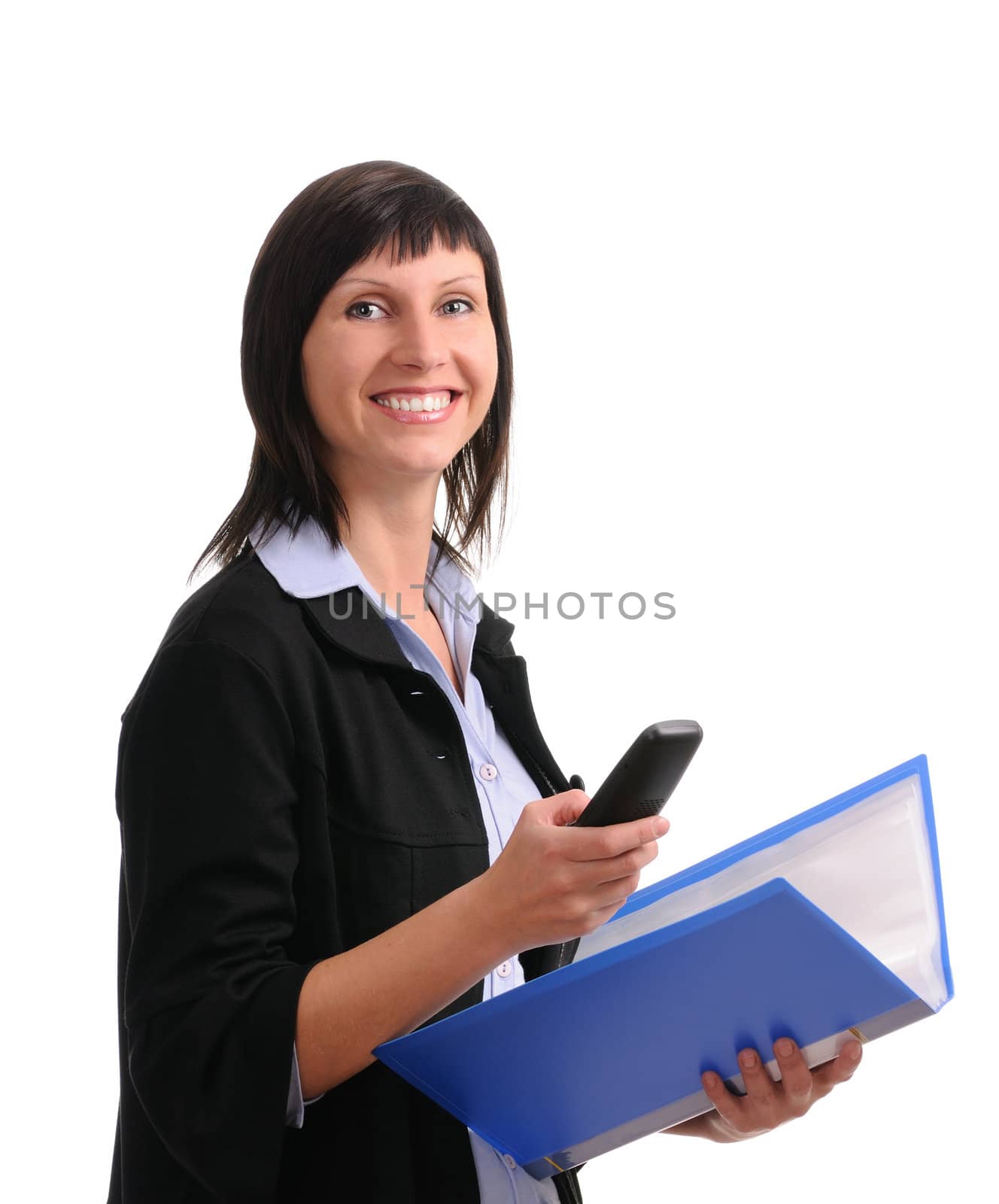 businesswoman with dokuments isolated on white background