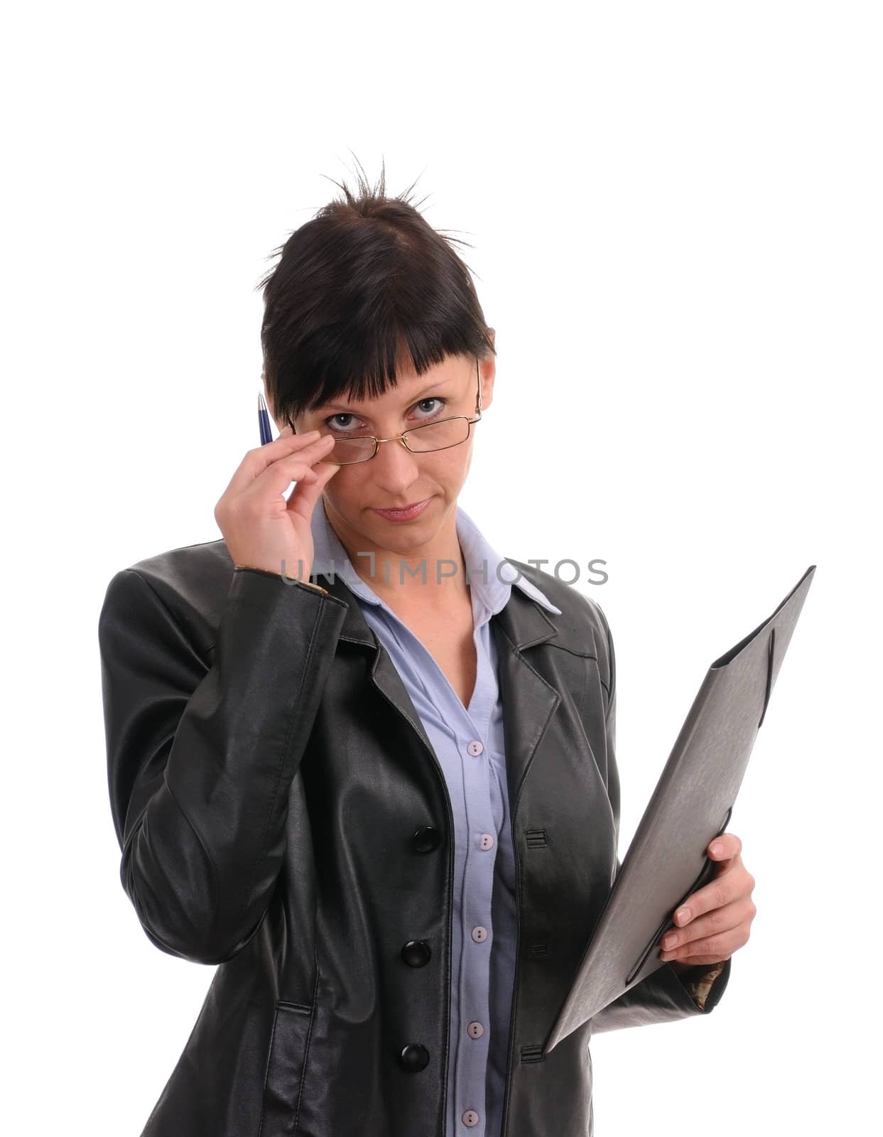 businesswoman with dokuments isolated on white background