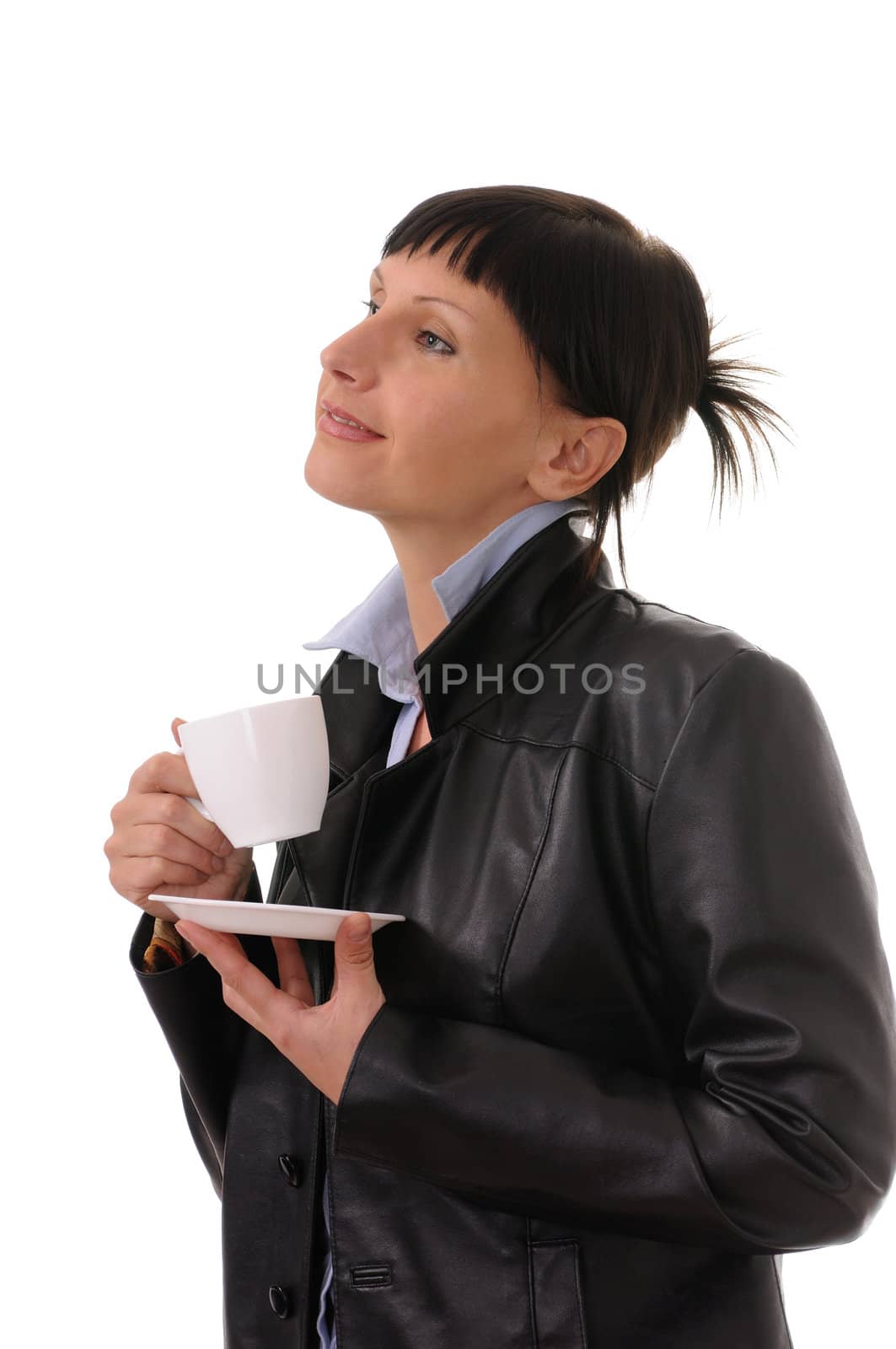 woman with cup isolated on white background