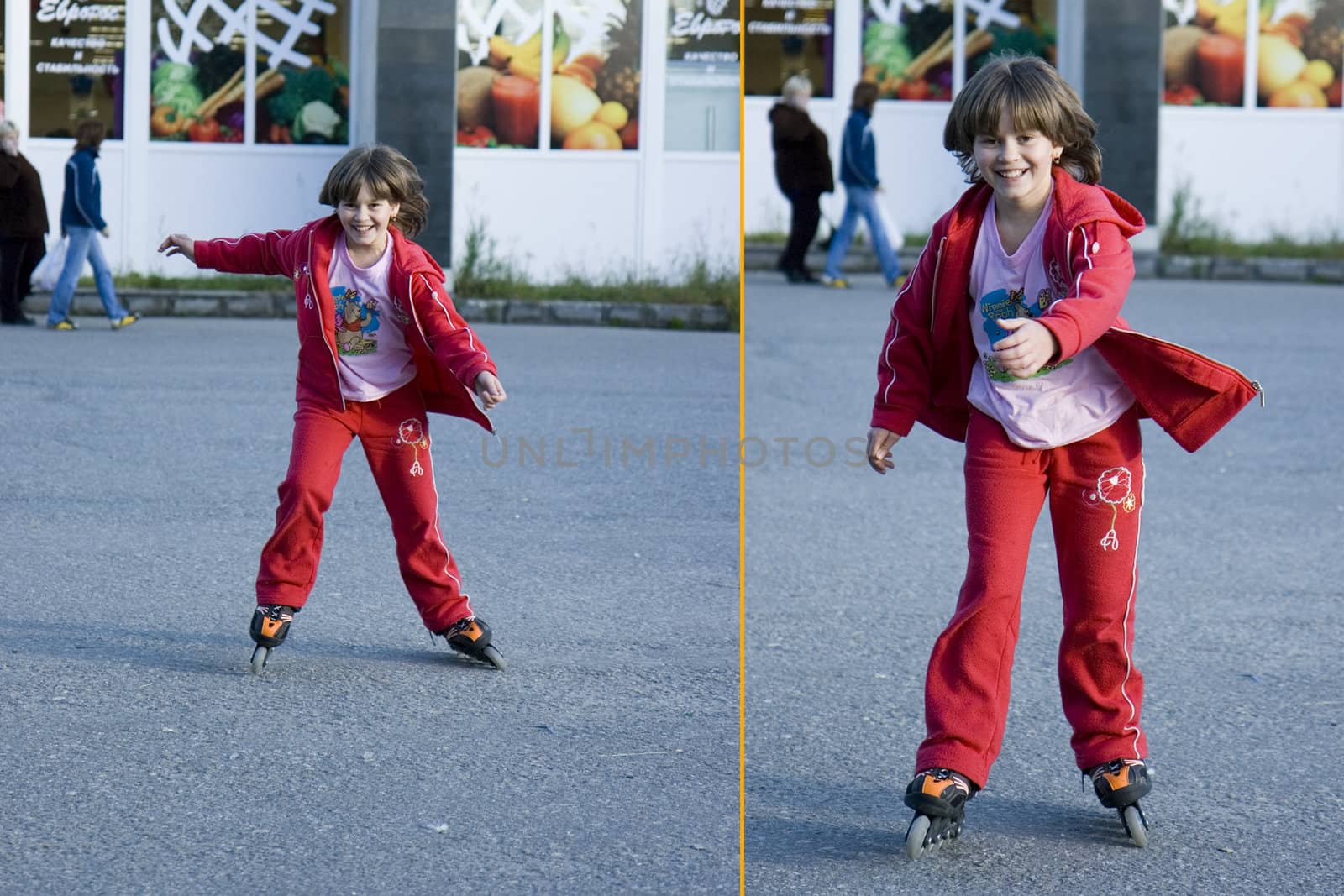 Collage from two photos of the girl going for a drive on rollers