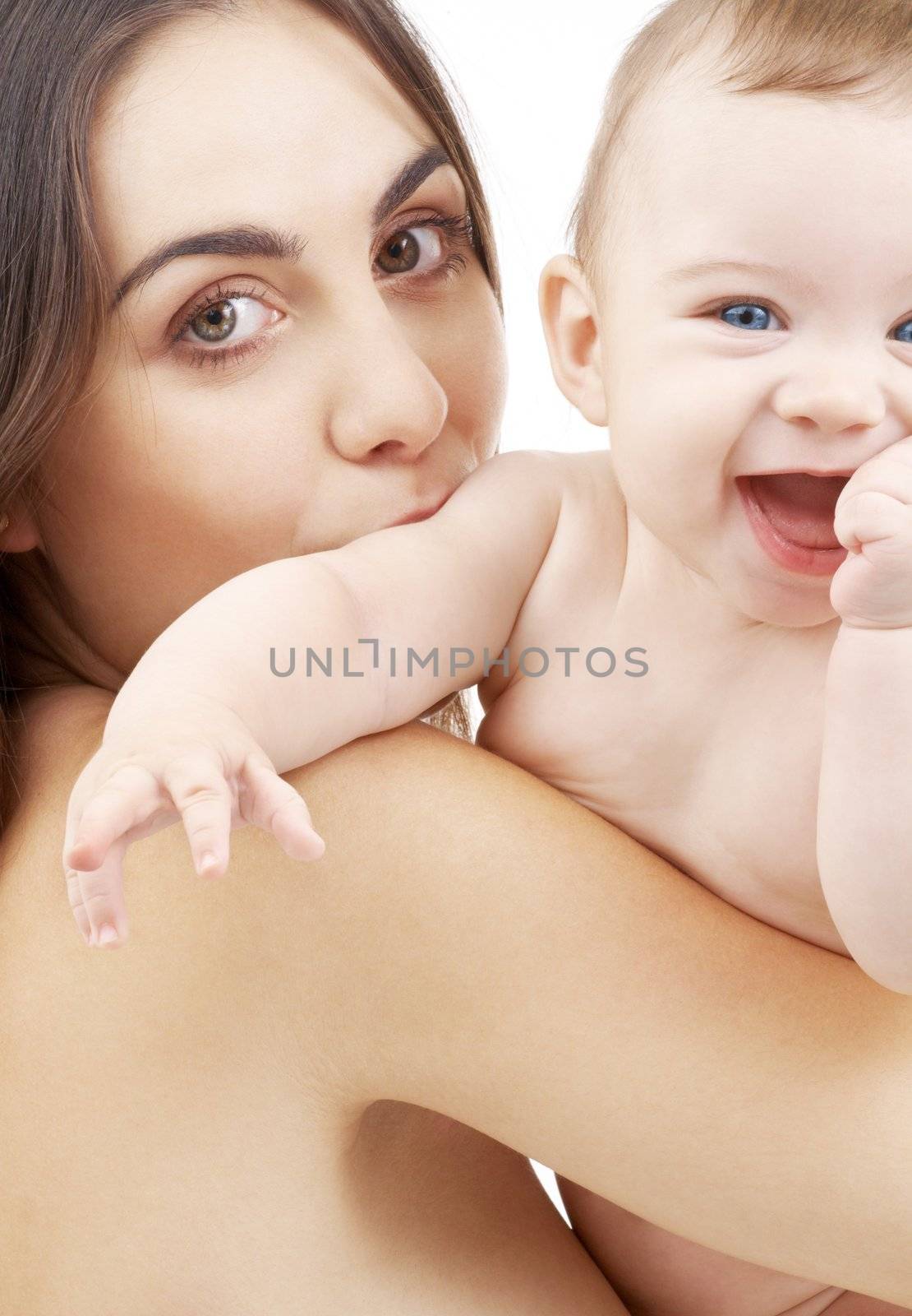 picture of happy mother with baby over white