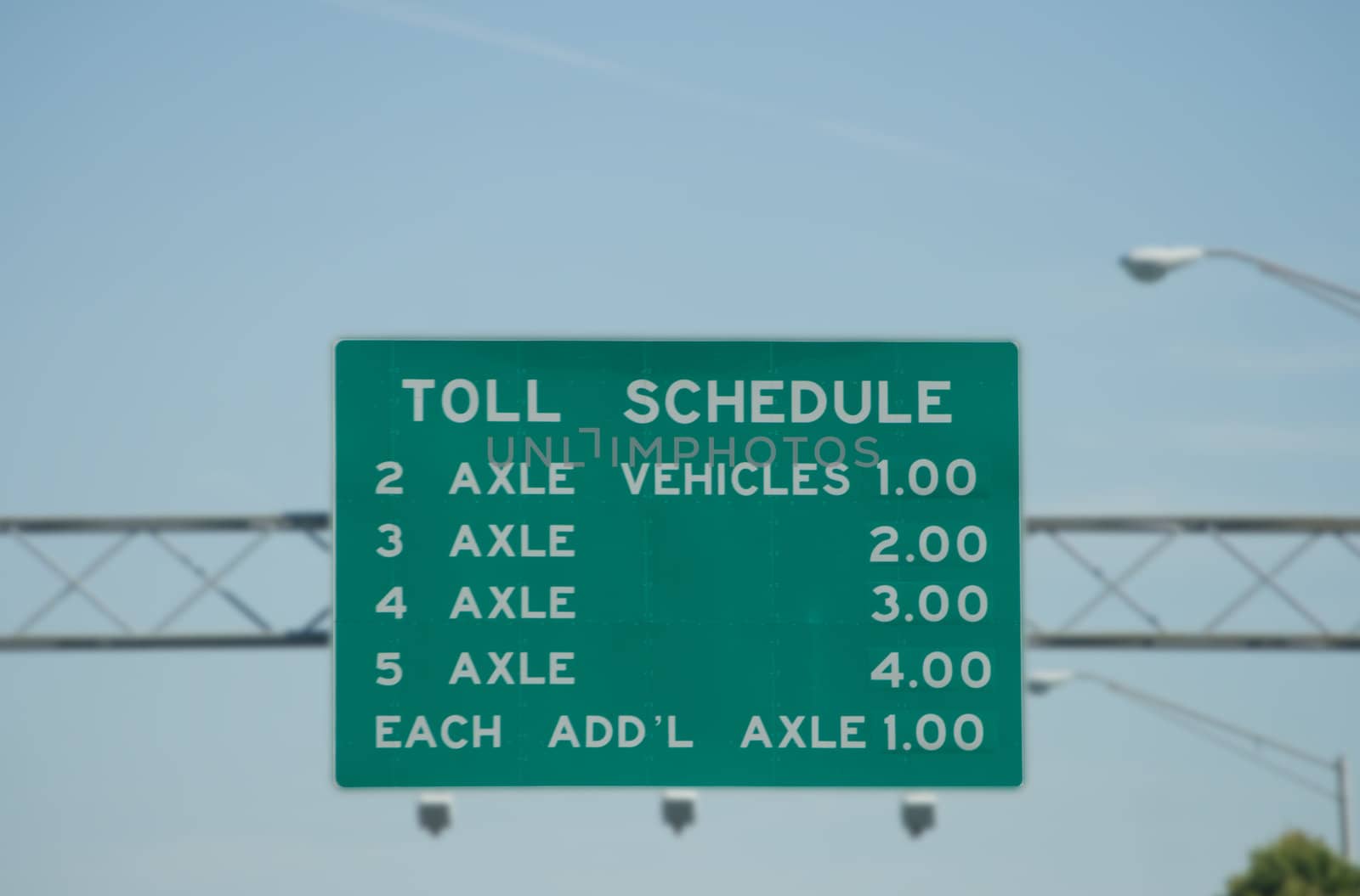 Toll Road Fee Schedule Sign captured along an interstate highway approaching a turnpike payment plaza. Prices are shown by dollar amount per 2 3 4 or 5 axles.
