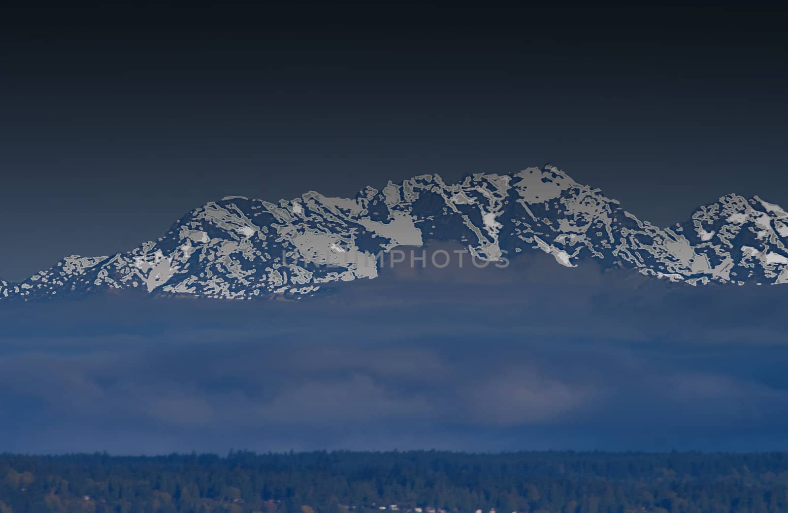 Olympic Mountains Picturesque v1 is an abstract conceptual representation of the sky above the western shores of Washington's Puget Sound. The clouds have createed an layer which makes the mountain peaks to have the appearance of floating above the forest and weather.
