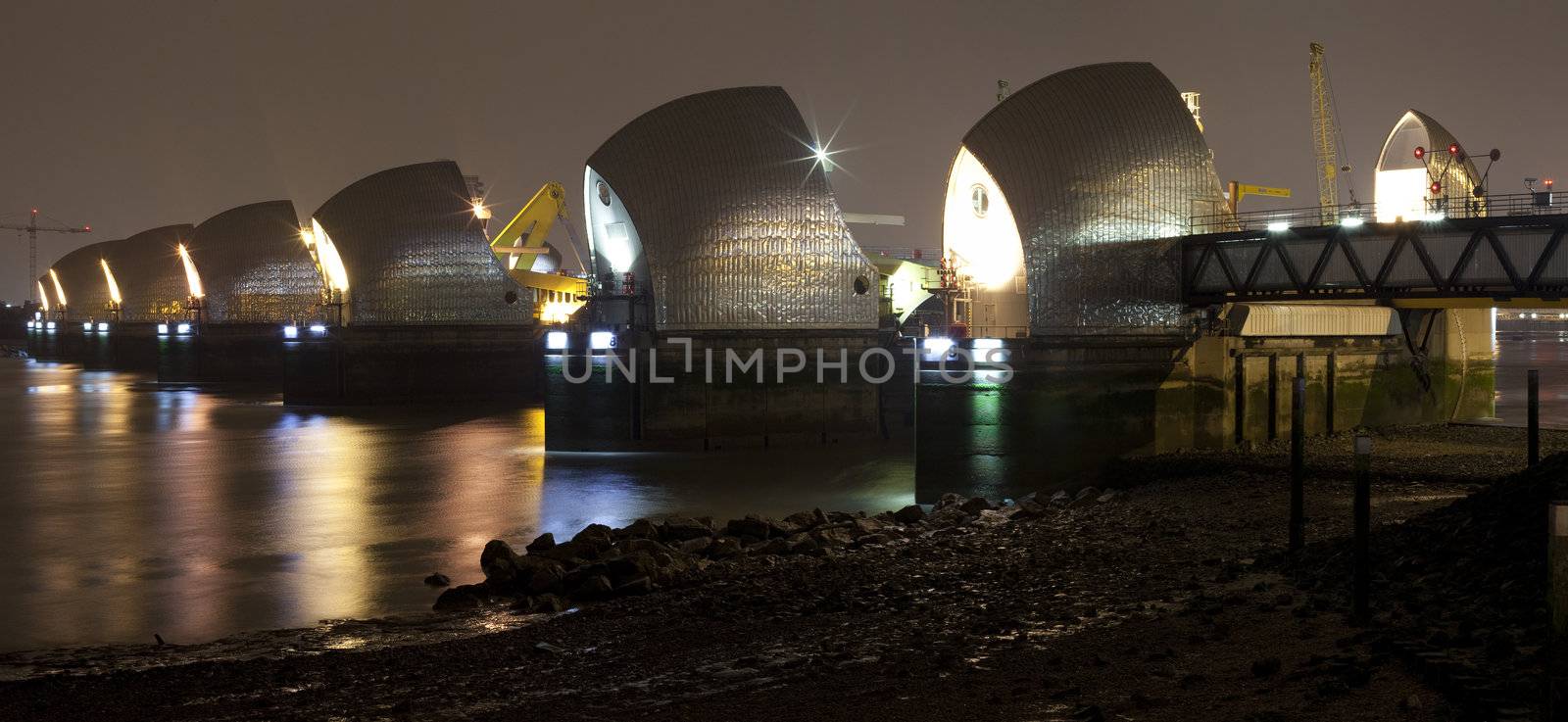 Thames Barrier at Night Panoramic by chrisdorney