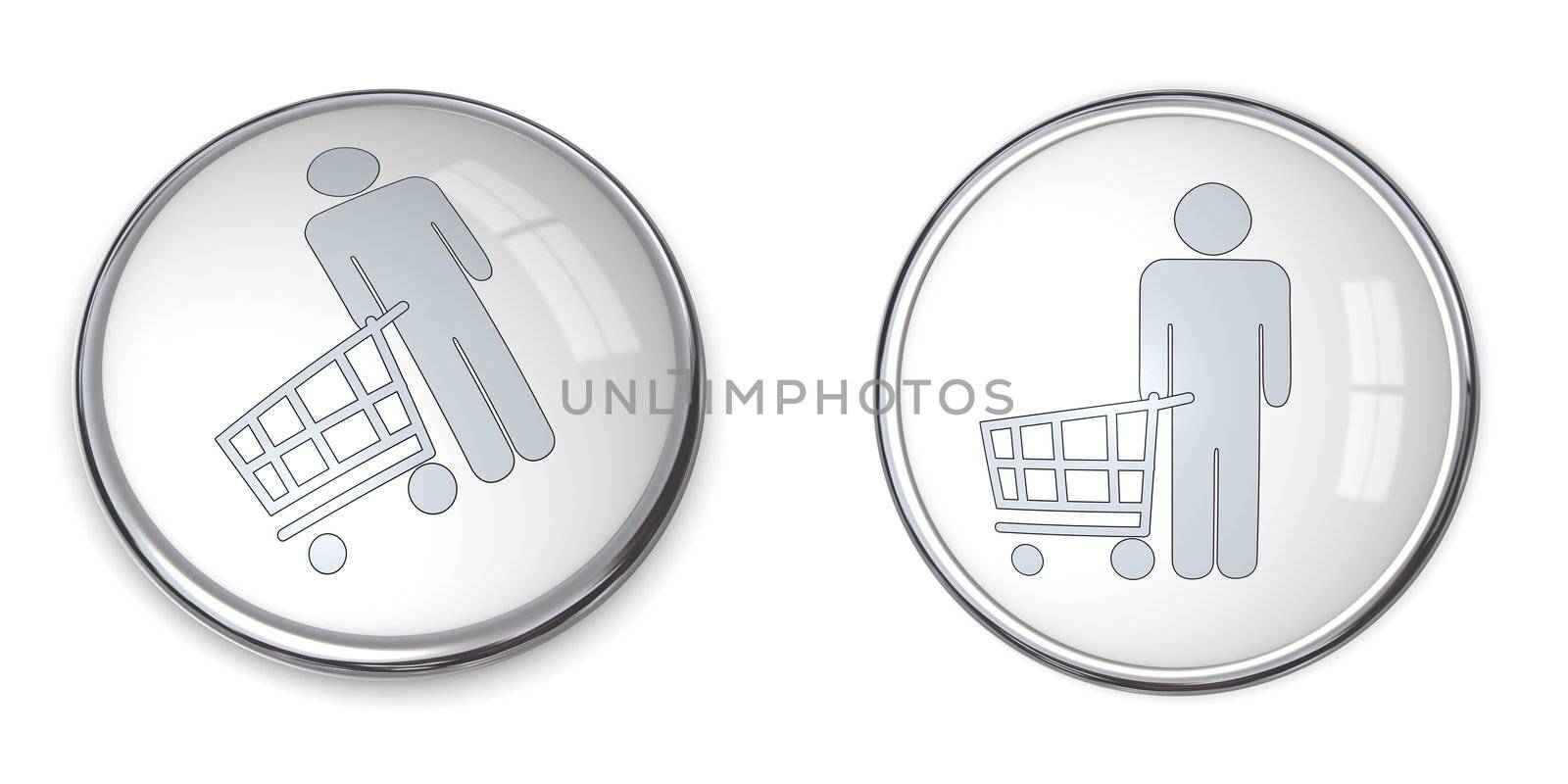 3D button man with shopping cart/trolley - silver grey/gray