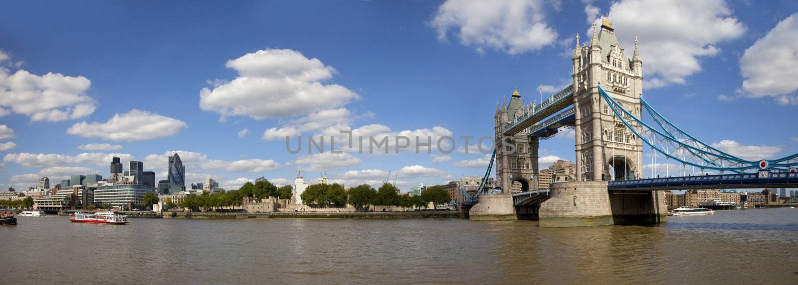 A panoramic view overlooking sights including Tower Bridge, the Tower of London and the Gherkin.