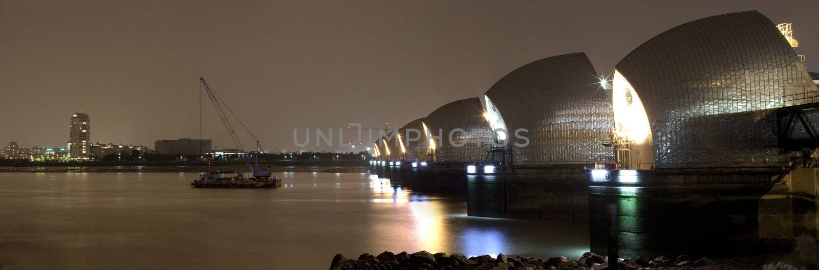 Thames Barrier at Night Panoramic by chrisdorney