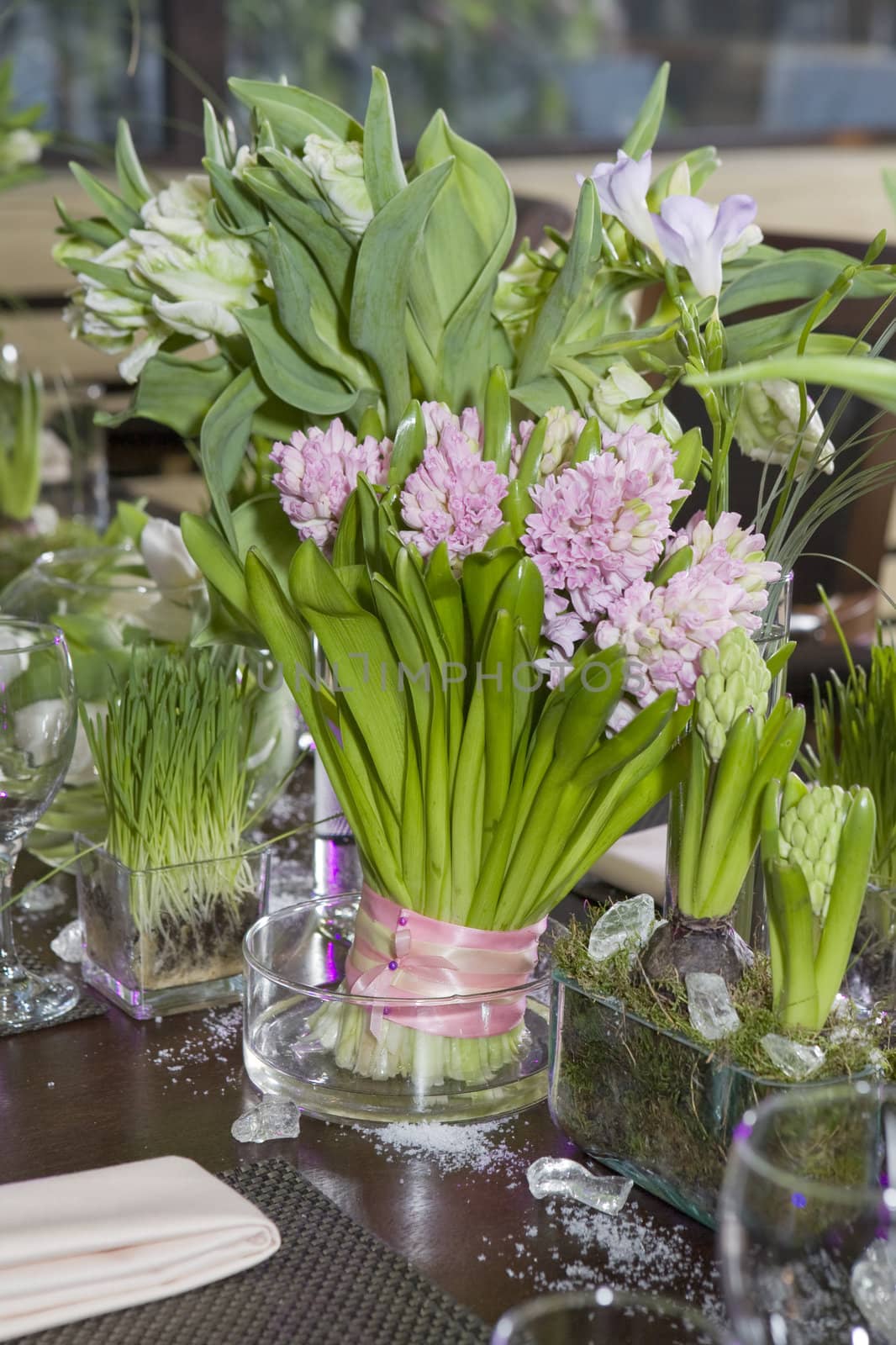  Bouquet of  tulip and hyacinth in vase of glass. Decoration of  by elenarostunova