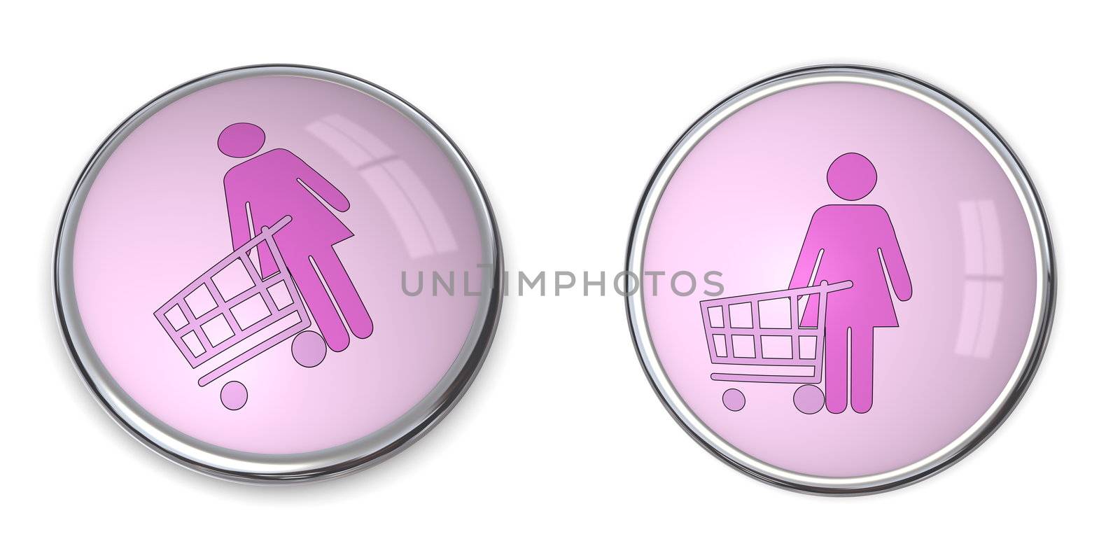 3D button woman with shopping cart/trolley - pink on pink background