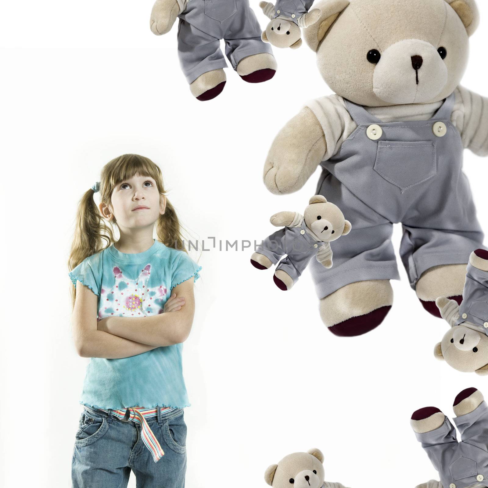 Collage. Little cute girl with falling bears