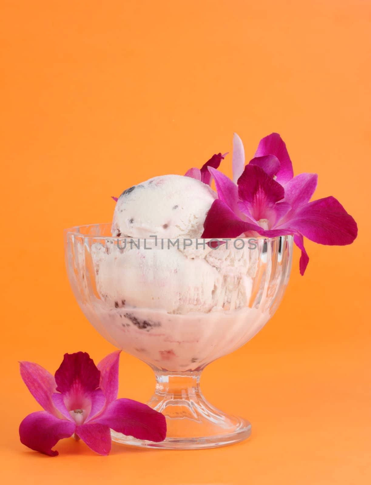 bowl of ice cream with natural eatable orchid