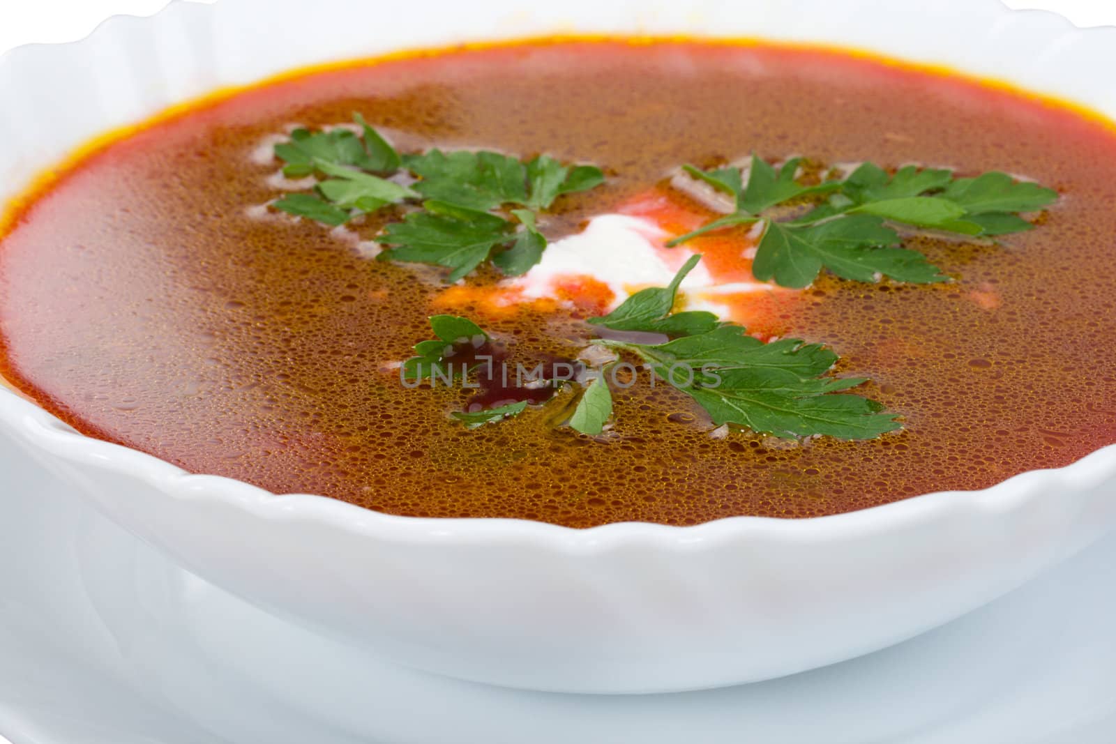 soup from beet with sour cream, isolated on white