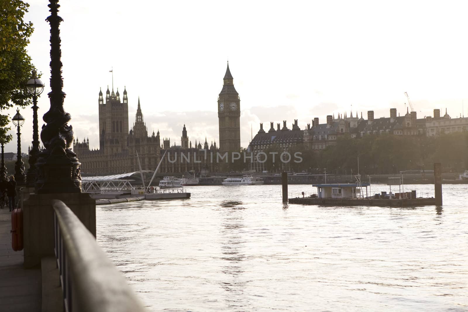big ben from the south bank sunset silhouette. House of Parliame by elenarostunova