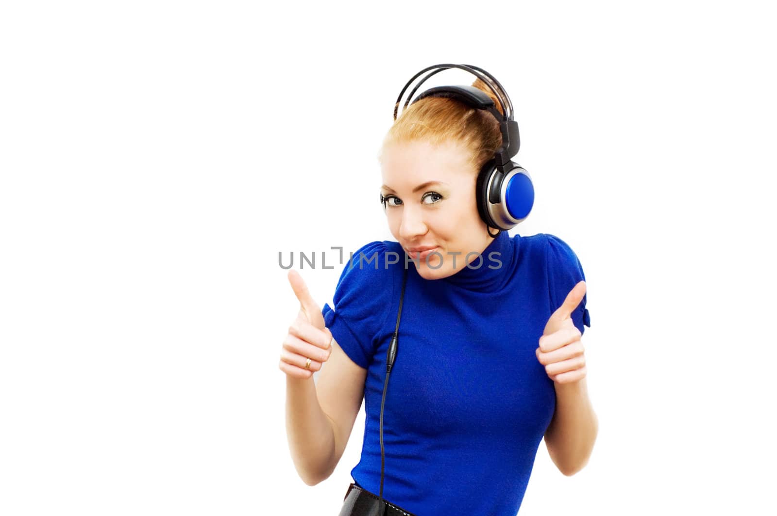 Redhead woman with headphones over white