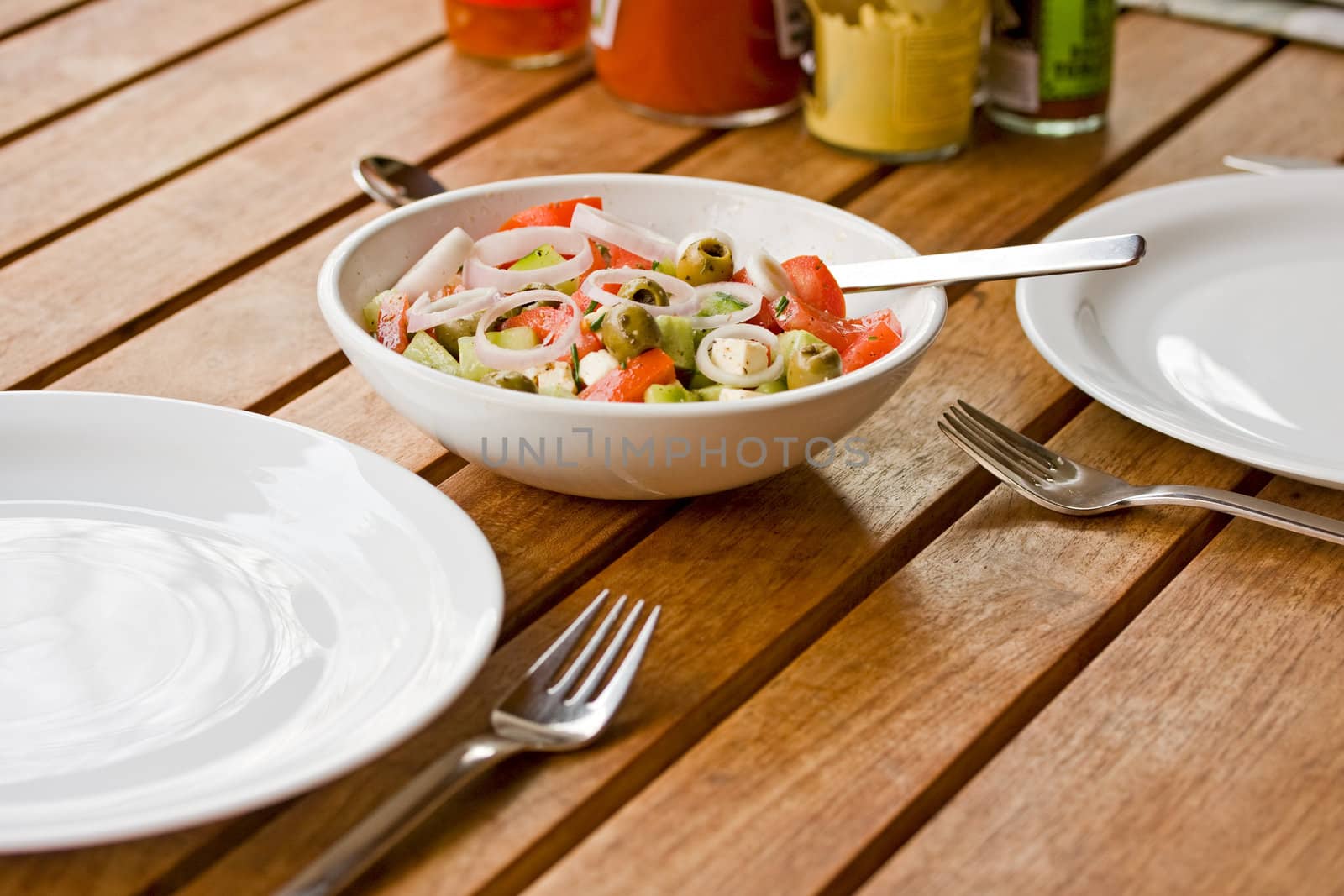 greek salad on a wooden table