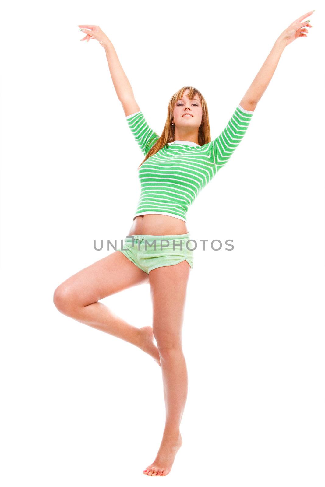 Summer girl in green top on isolated white