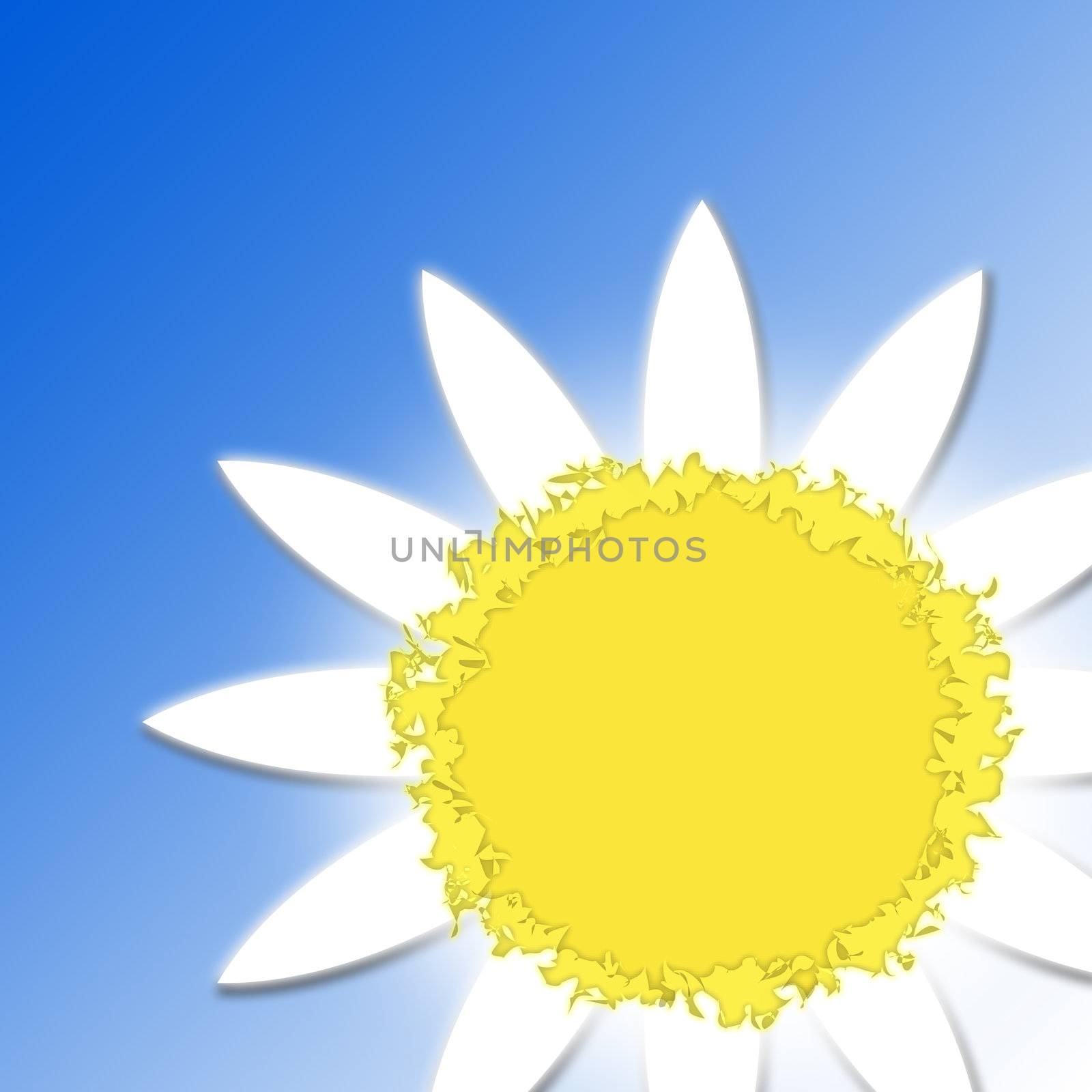 Graphic representation of a flower similar to the sun on a blue background
