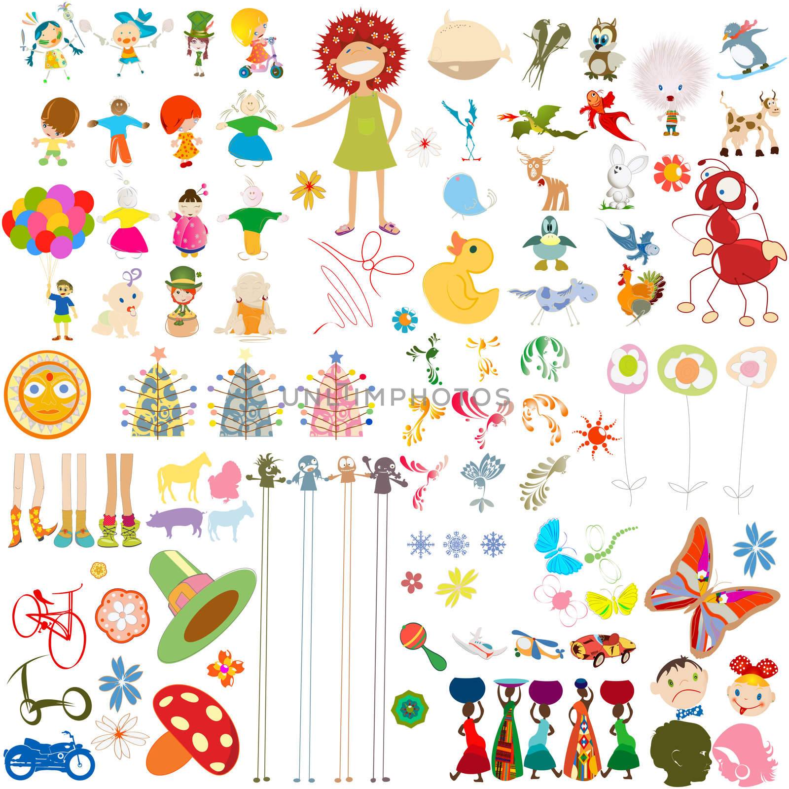 Decorative cartoon characters collection, design elements over white background
