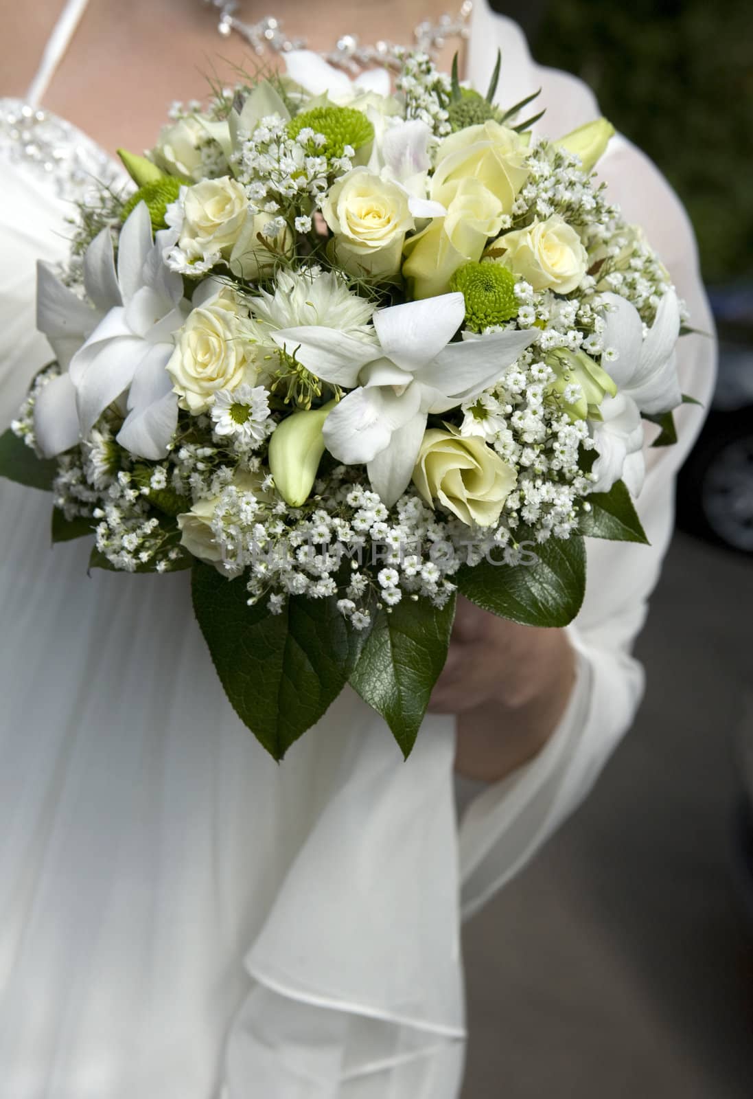 Bride in dress holding beautiful bouquet of rose by elenarostunova