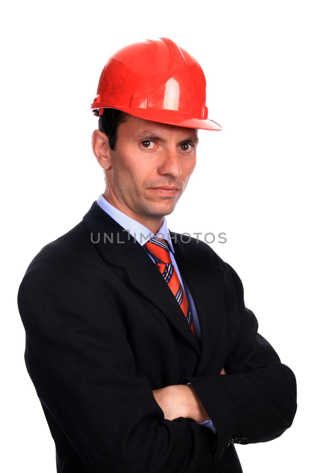 man with construction hat portrait on white background