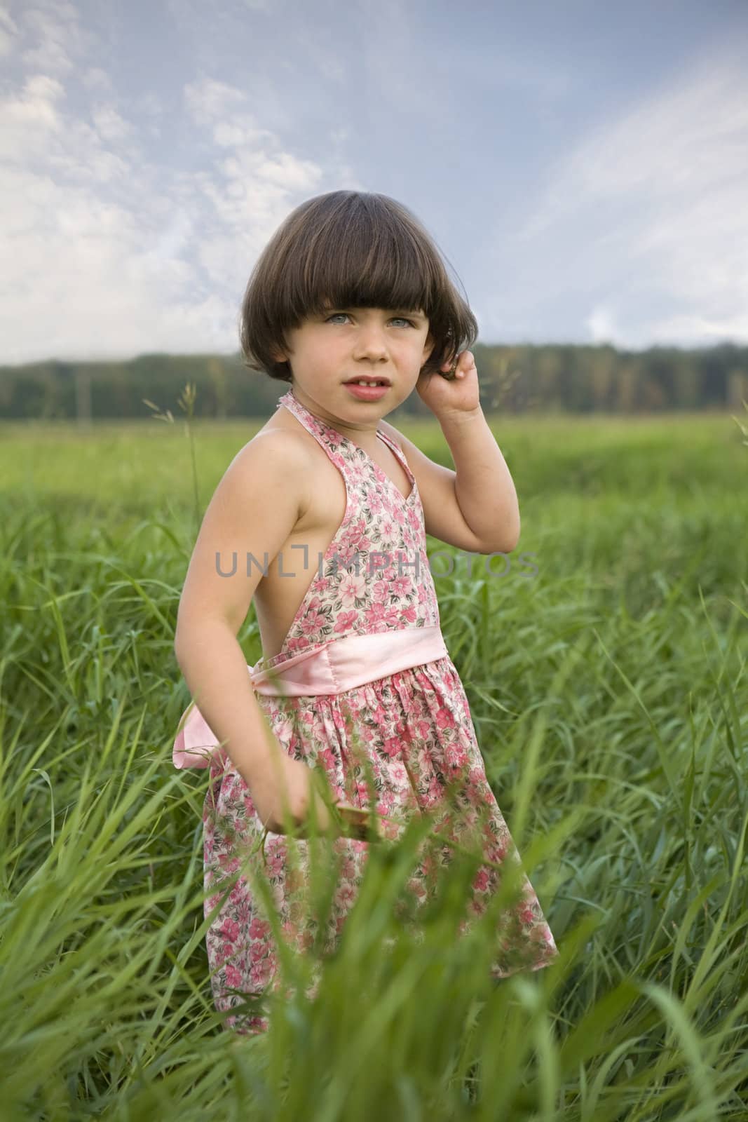 little girl standing in grass of meadow. Summer time