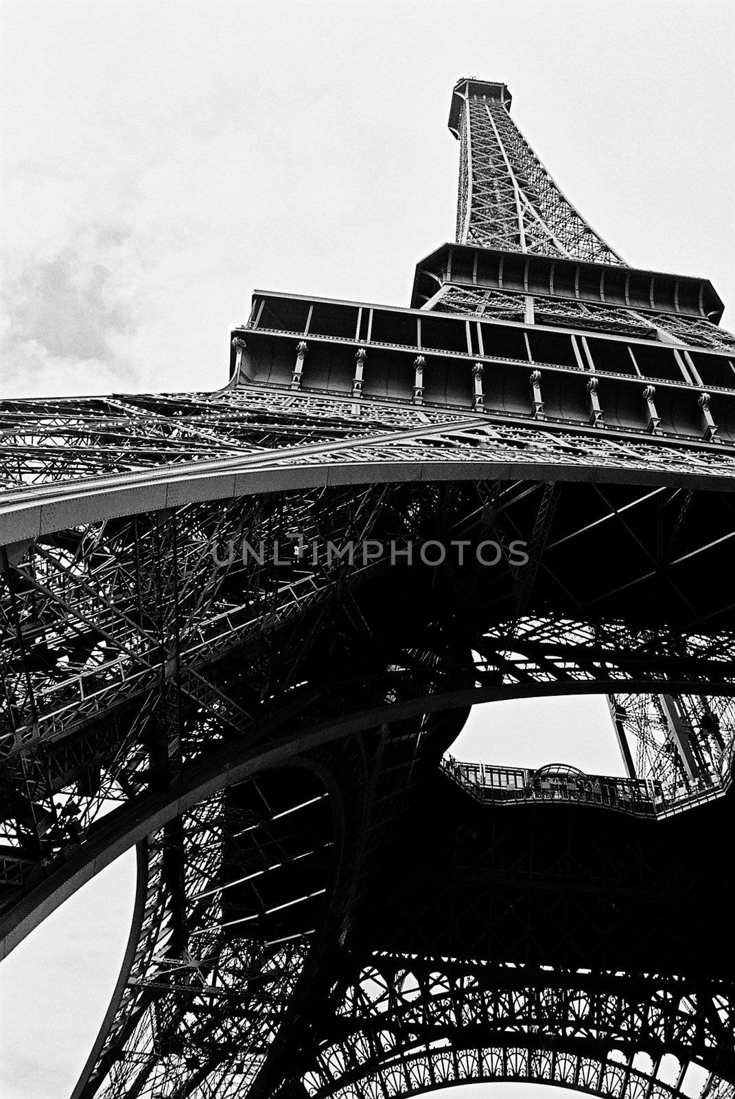 Eiffel Tower, The vignetting and the grainy toned black & white  by jpcasais