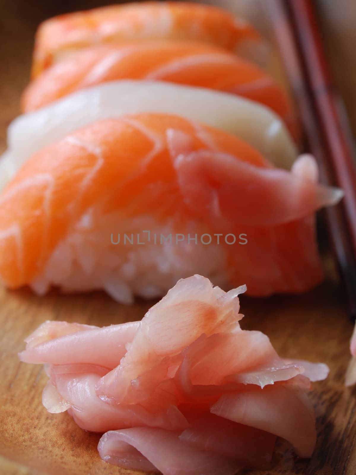 "Nigiri, Ginger" and wooden chopsticks