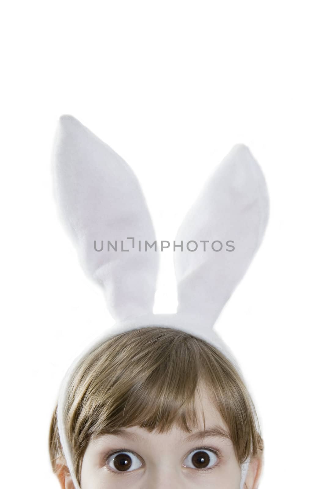 Eyes  beautiful girl in rabbit ears.  Lots of copyspace and room for text on this isolate. Looking in wide-eyed