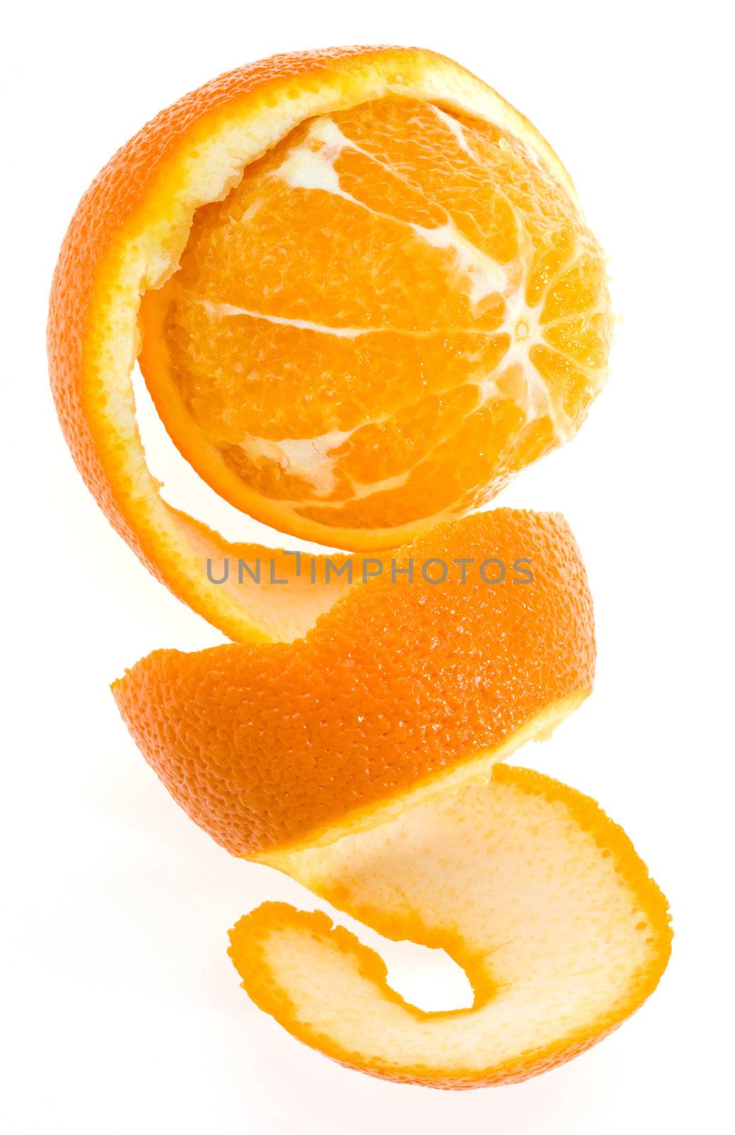 Cut orange with spiral peel isolated on white
