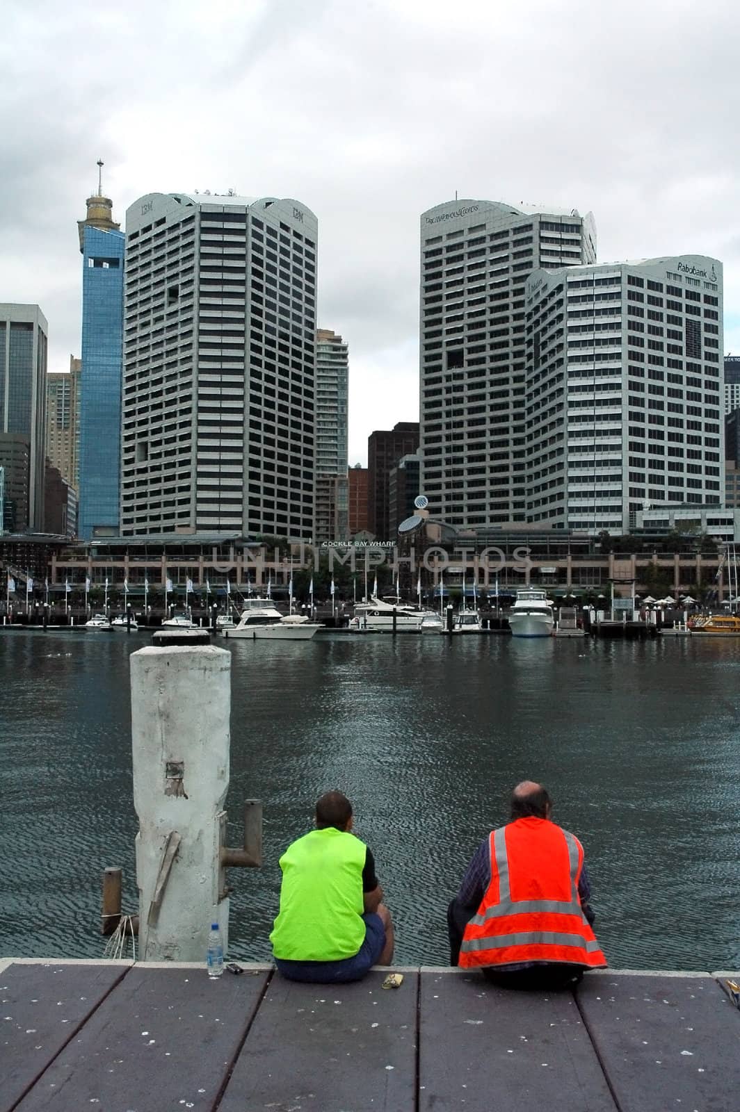 two workers having lunch break in Darling Harbour