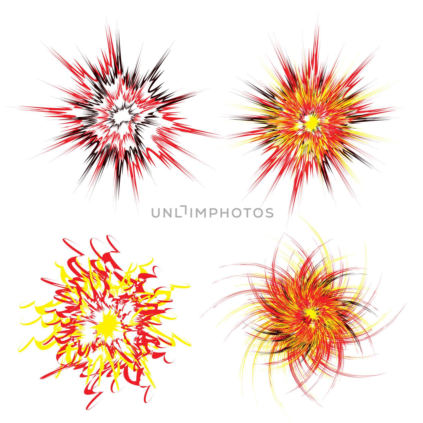 Four brightly coloured star explosions in red yellow and black