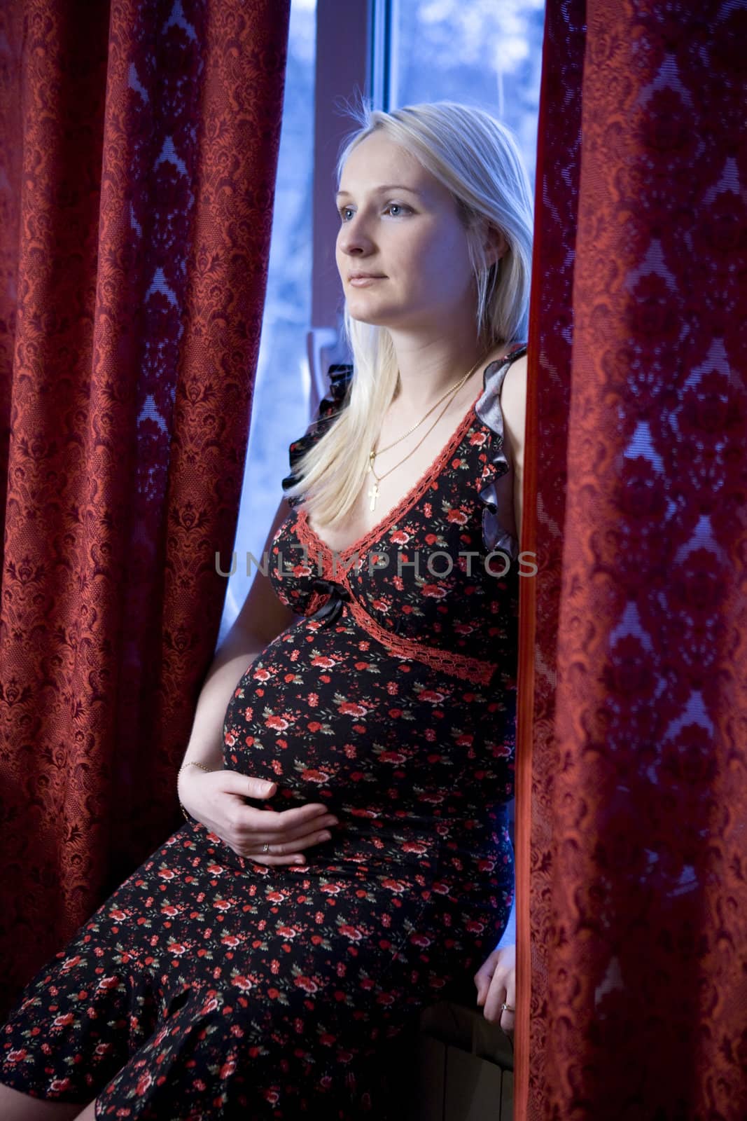 pregnant blond woman at window by elenarostunova