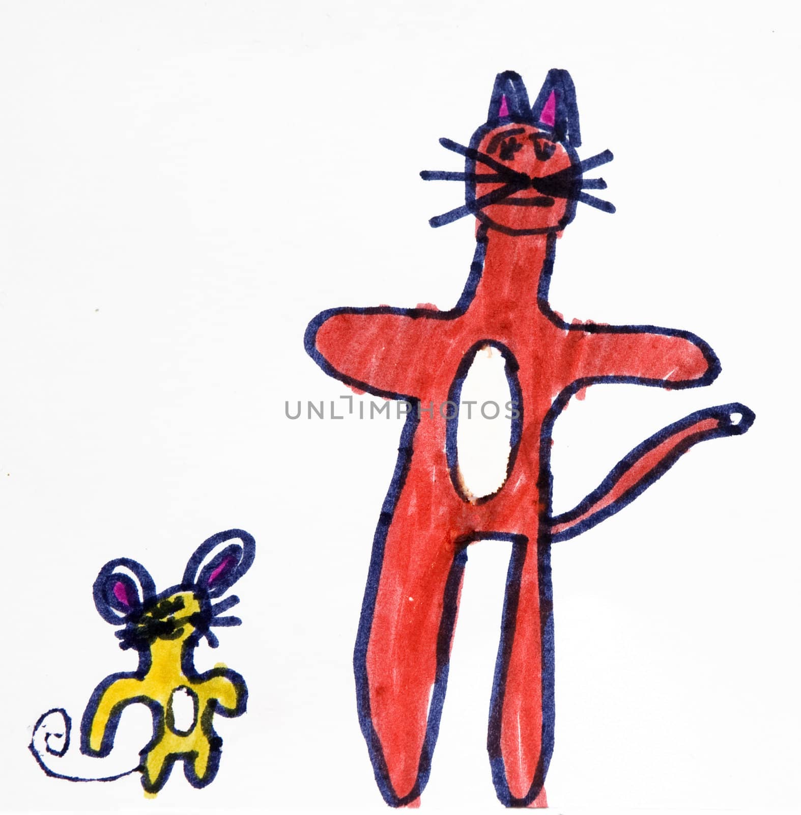 child`s picture. Cat and Mouse. White background