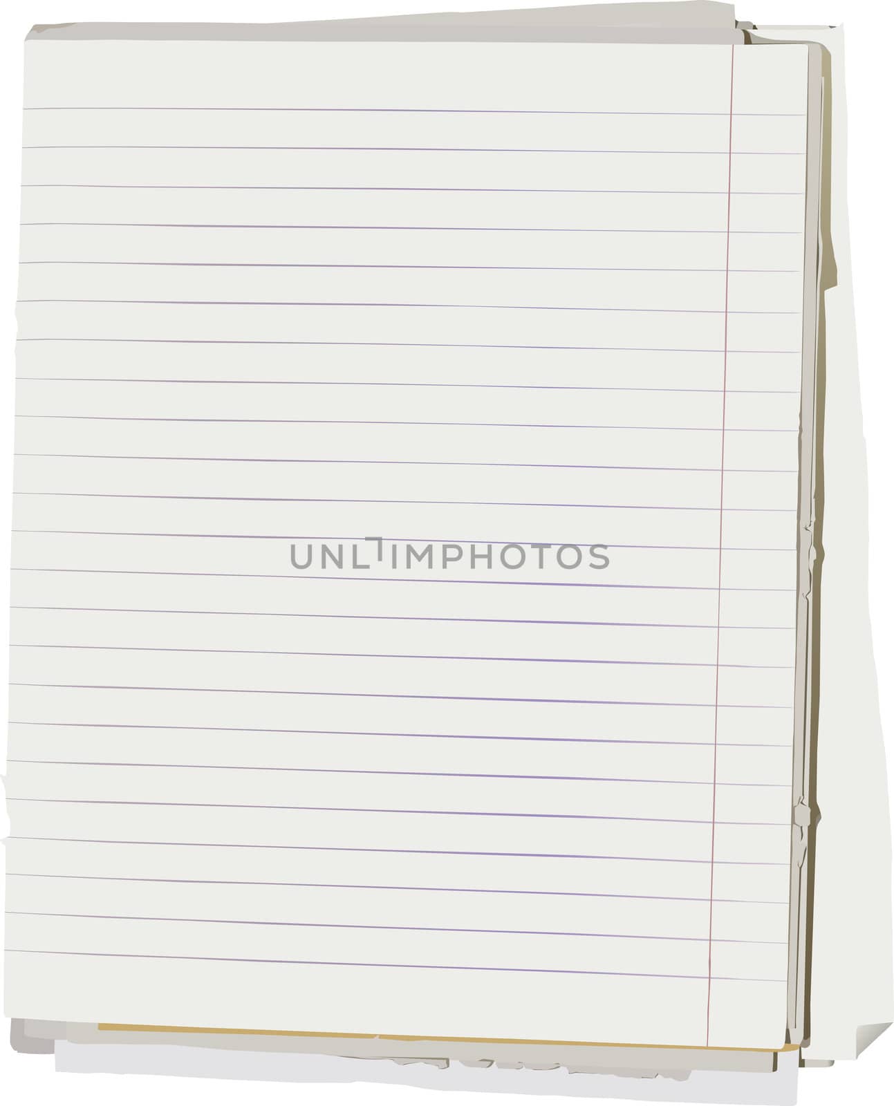 Stack of old lined papers from note book. Clipping path included to easy remove object shadow or replace background.