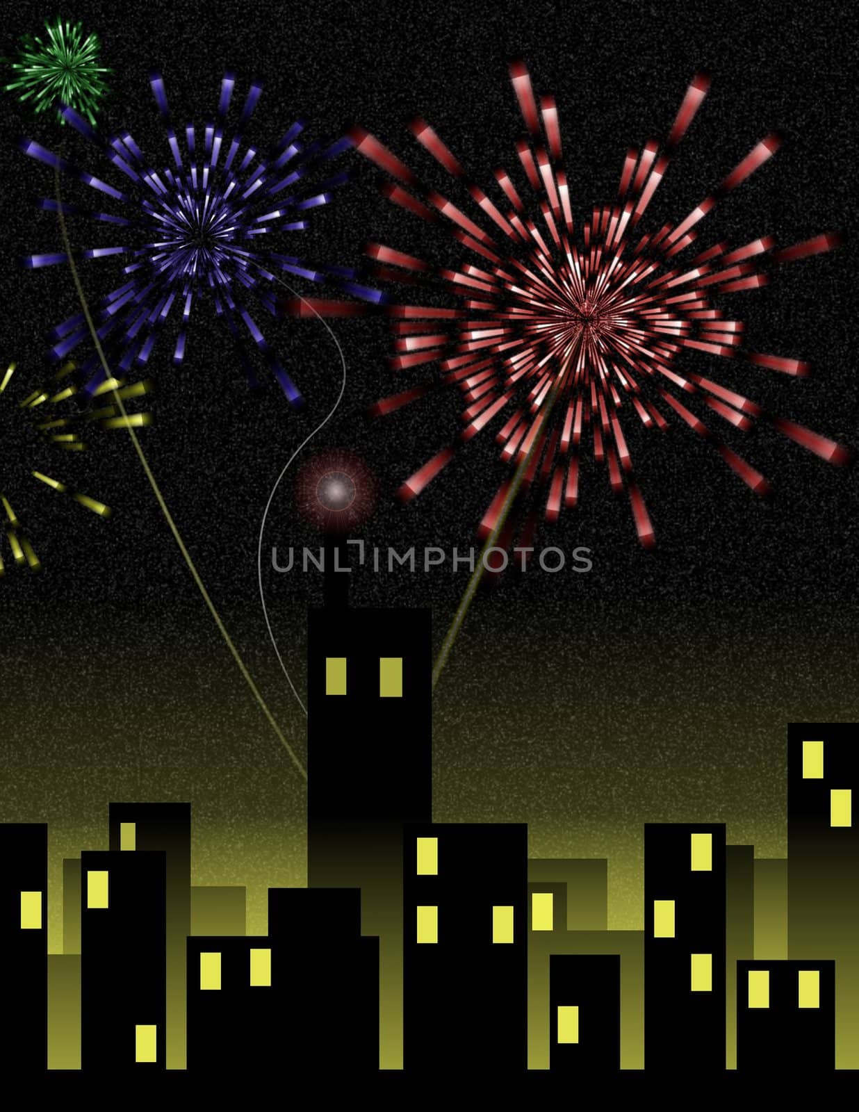 Holiday fireworks burst over a night cityscape – a raster illustration.