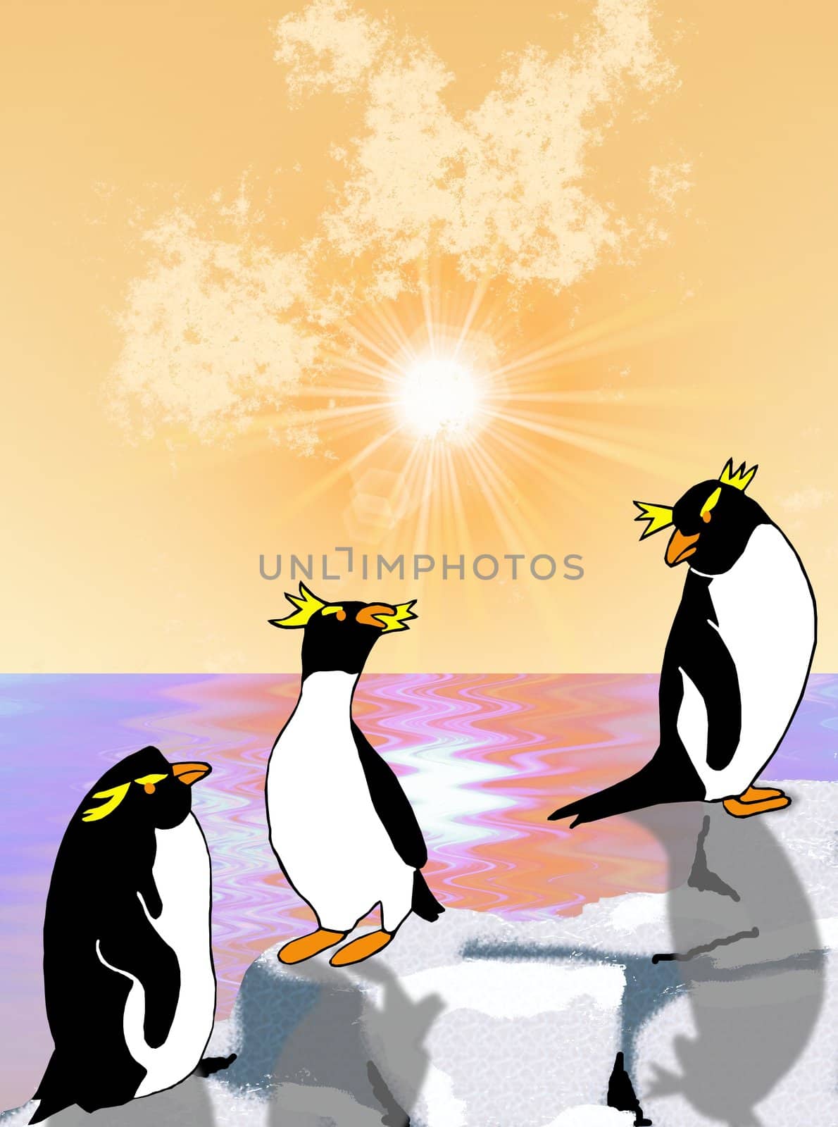 Rockhopper penguins chilling on the rocks as the sun sets over the ocean - a raster illustration.
