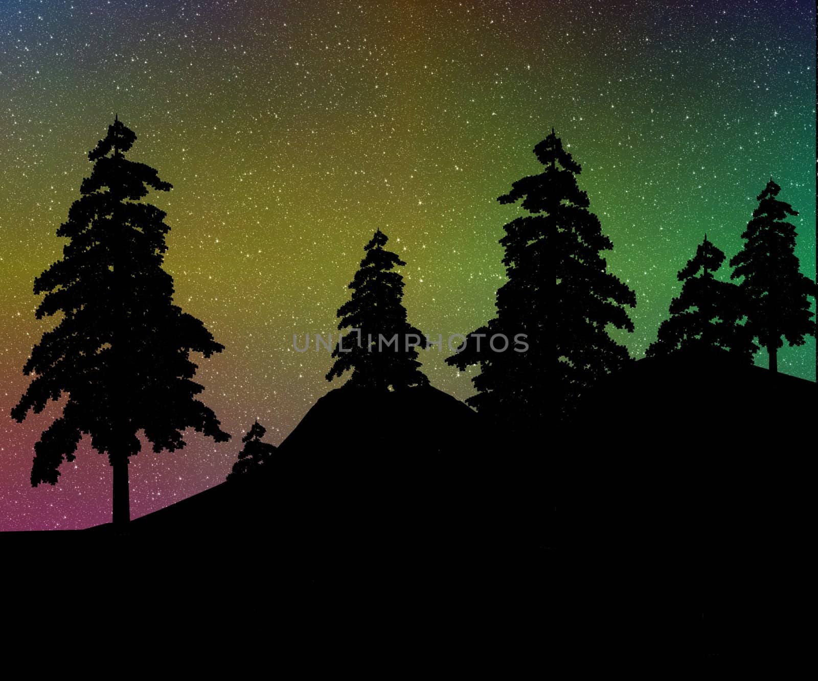 Colorful northern lights over a silhouetted quiet pine forest - a raster illustration.