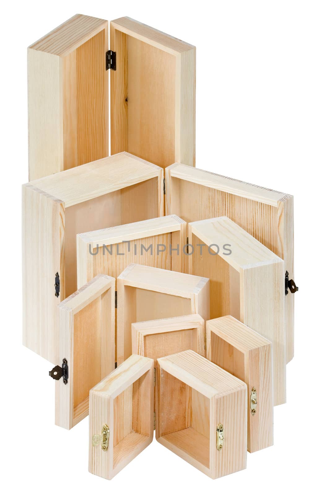 Opened decorative pine boxes on white background