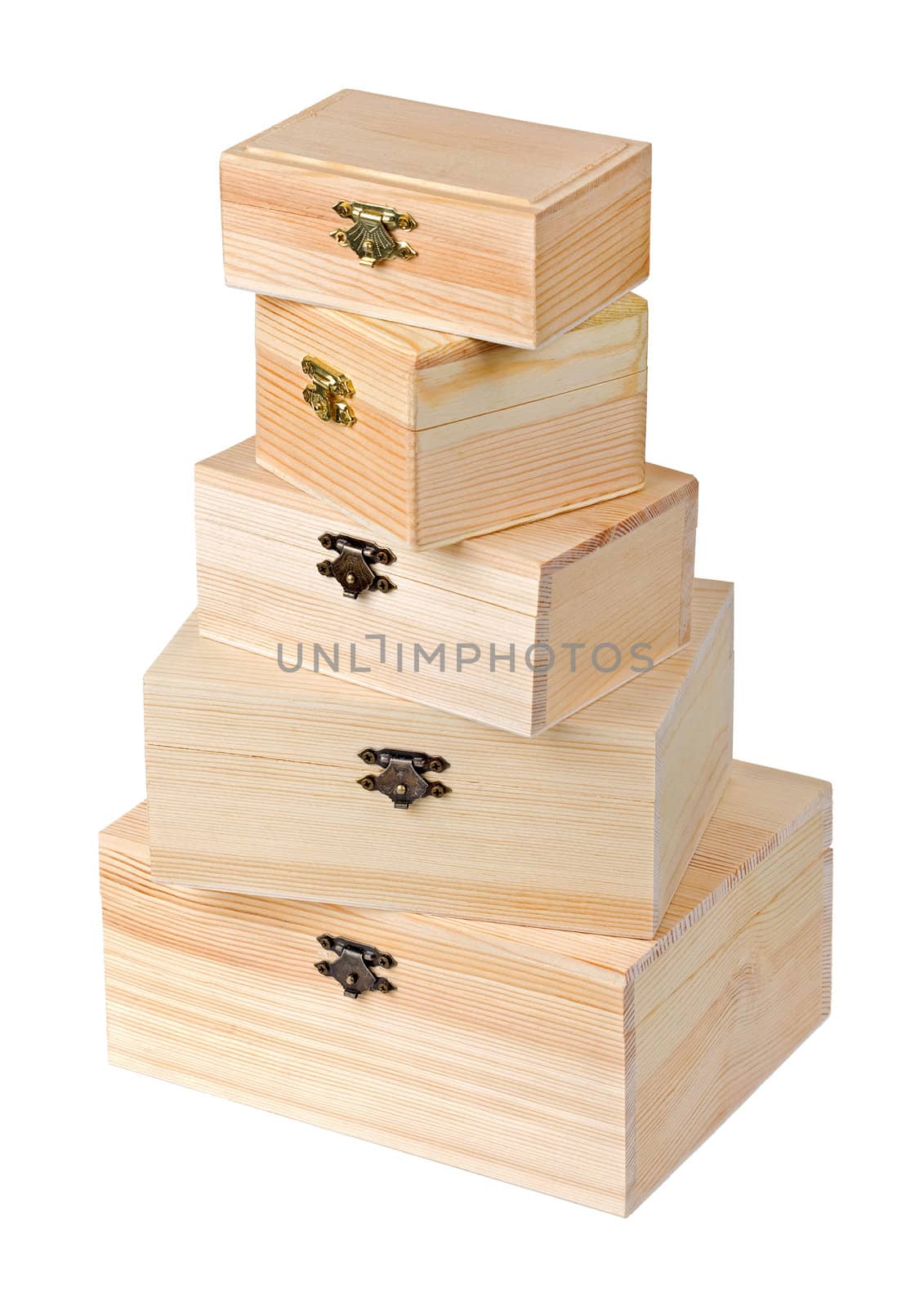 Closed decorative pine boxes on white background