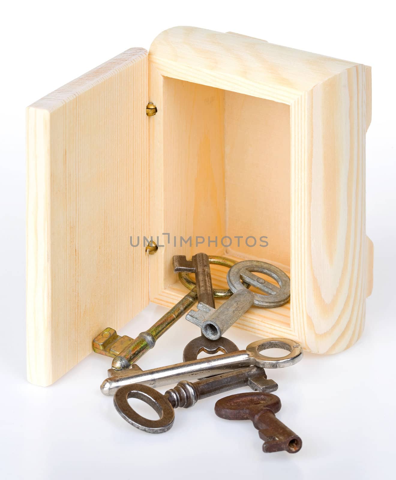 Keys out of wooden box on white background