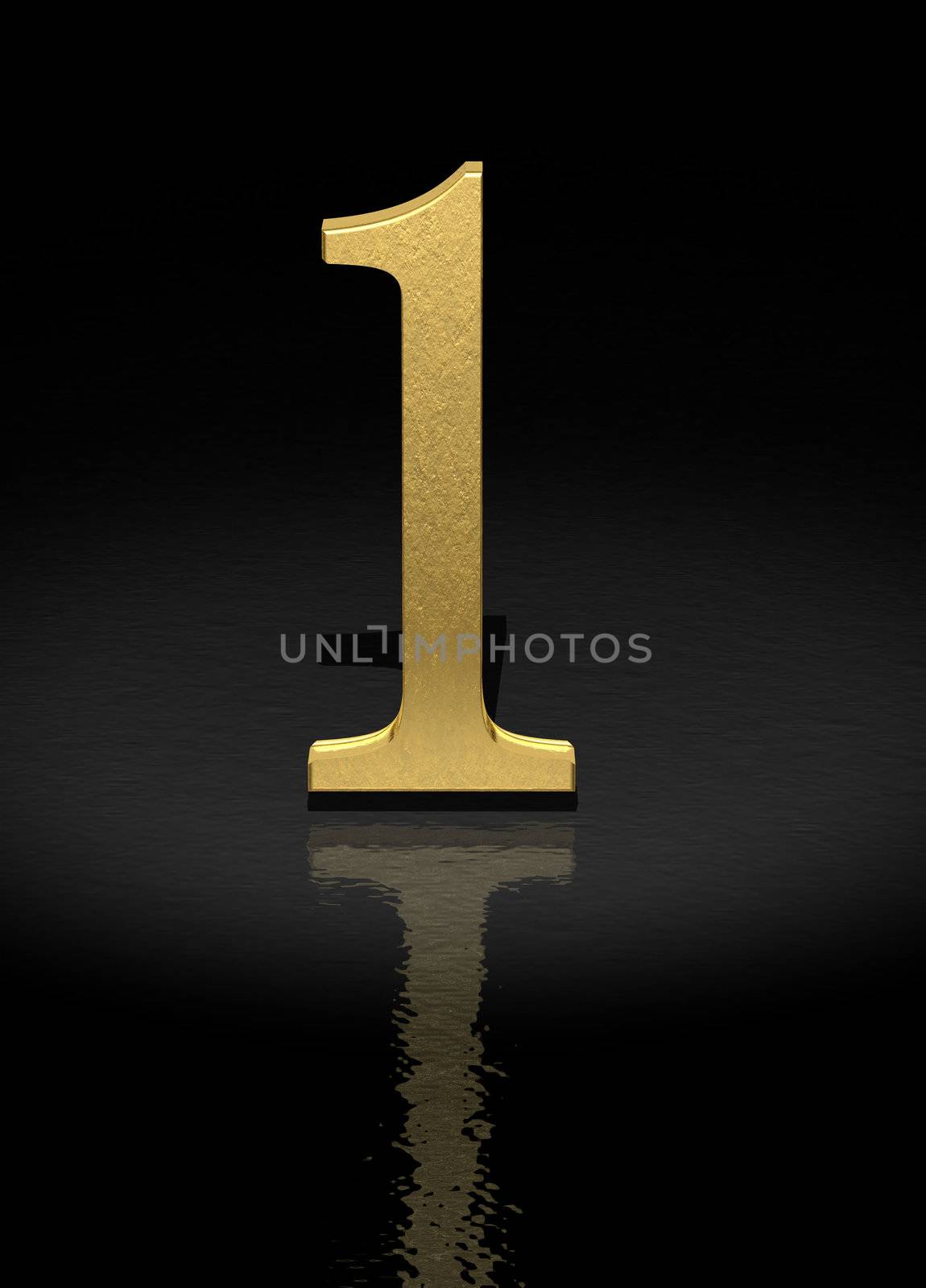 1 Gold Number on black background - 3d image