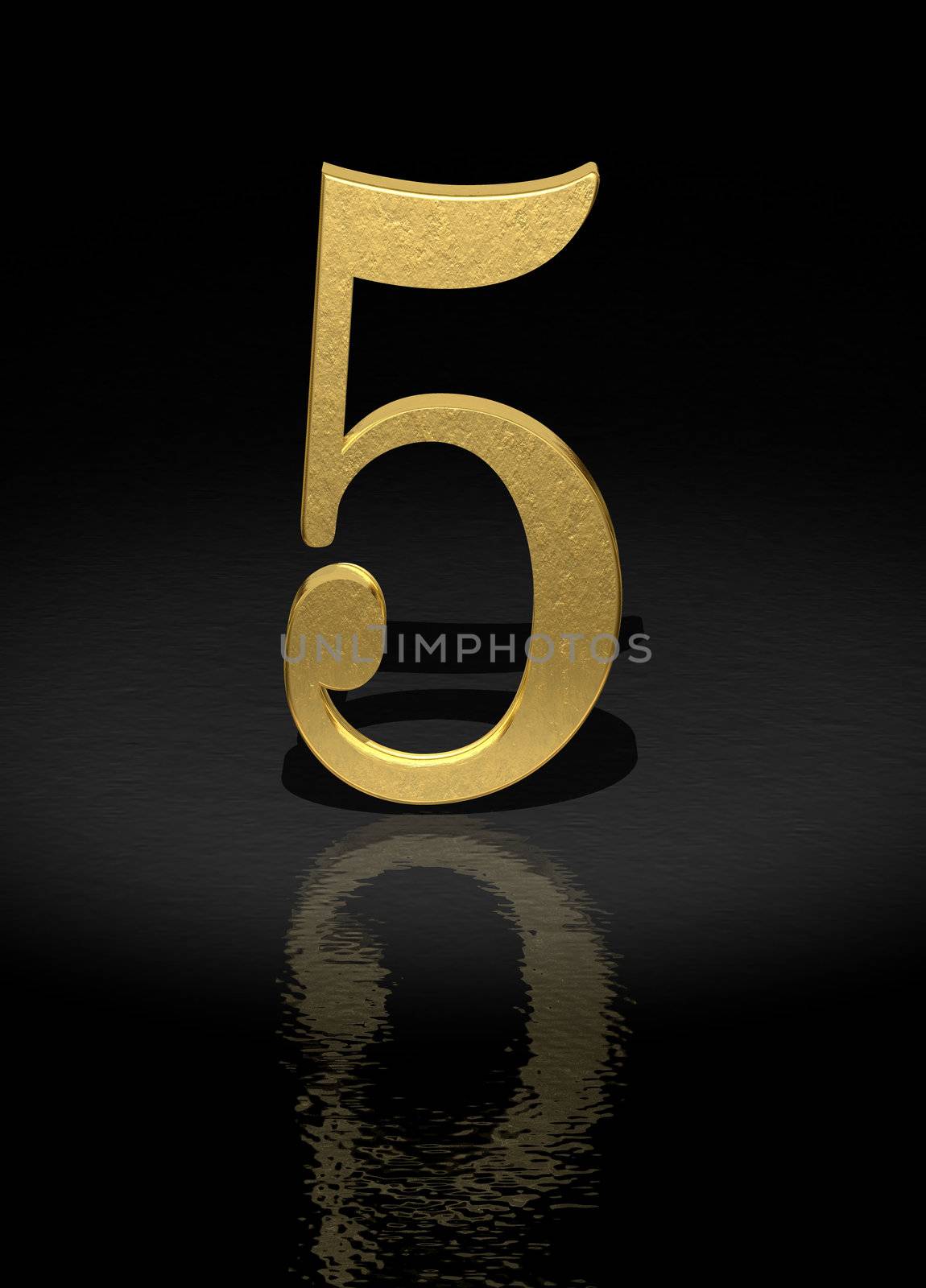5 Gold Number on black background - 3d image